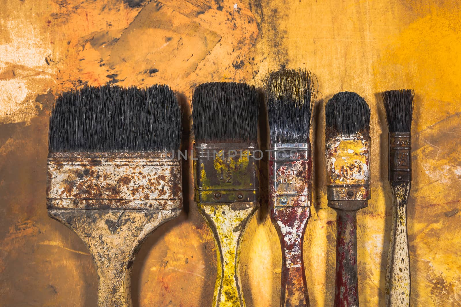 Oil paint brushes on wood painted background .