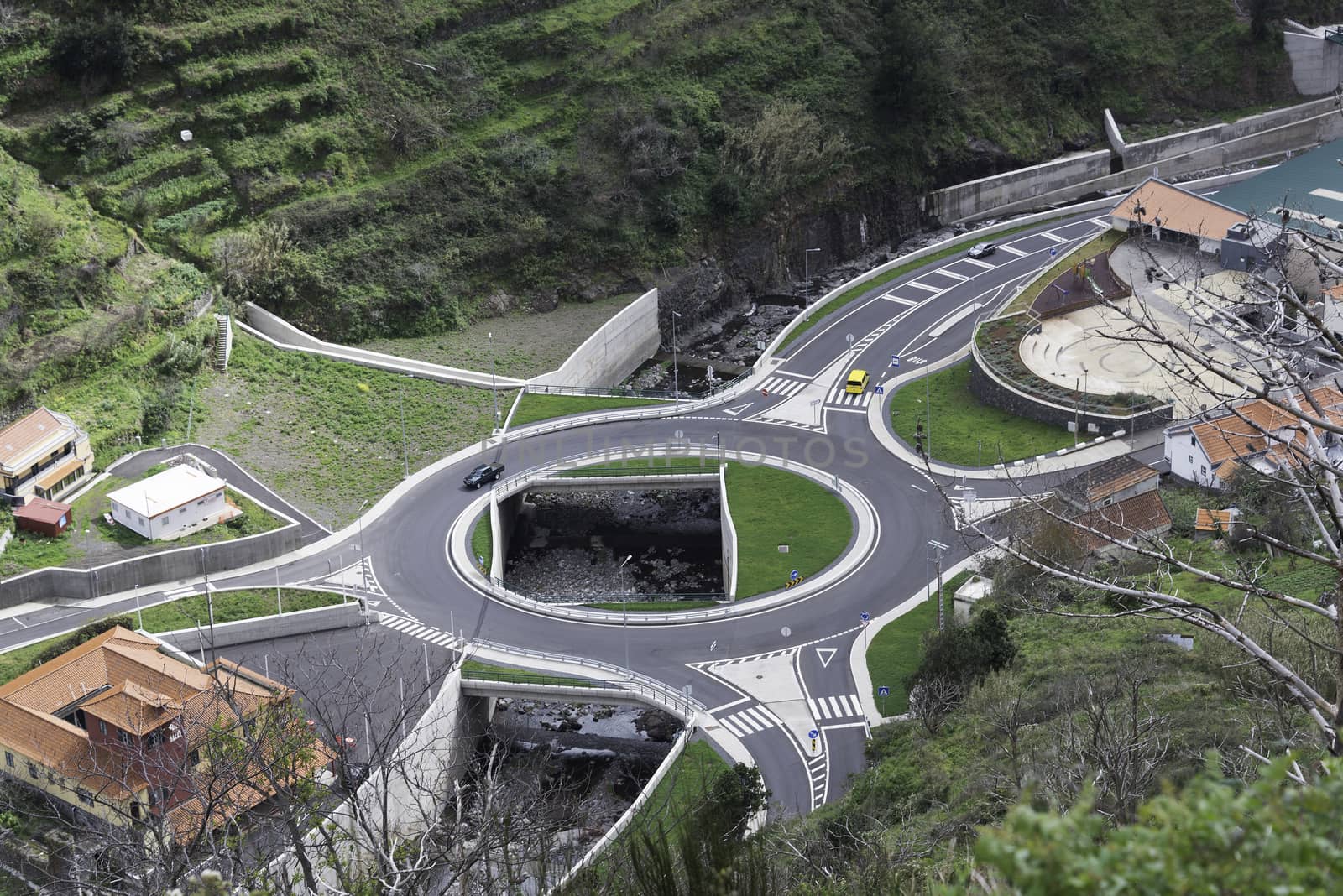 big roundabout on madeira island from the mountains plane view