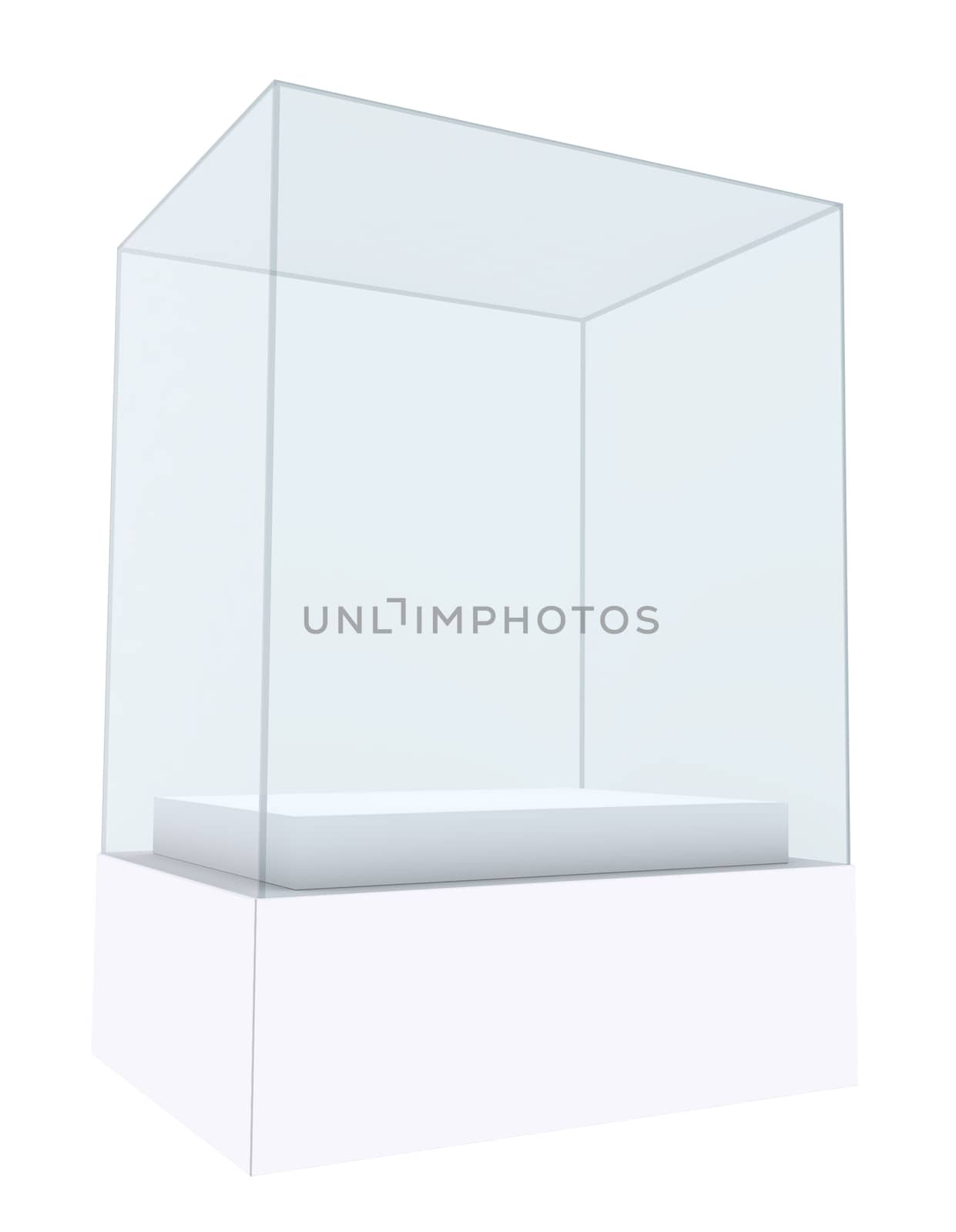 Glass cube on white background, side view. 3D rendering