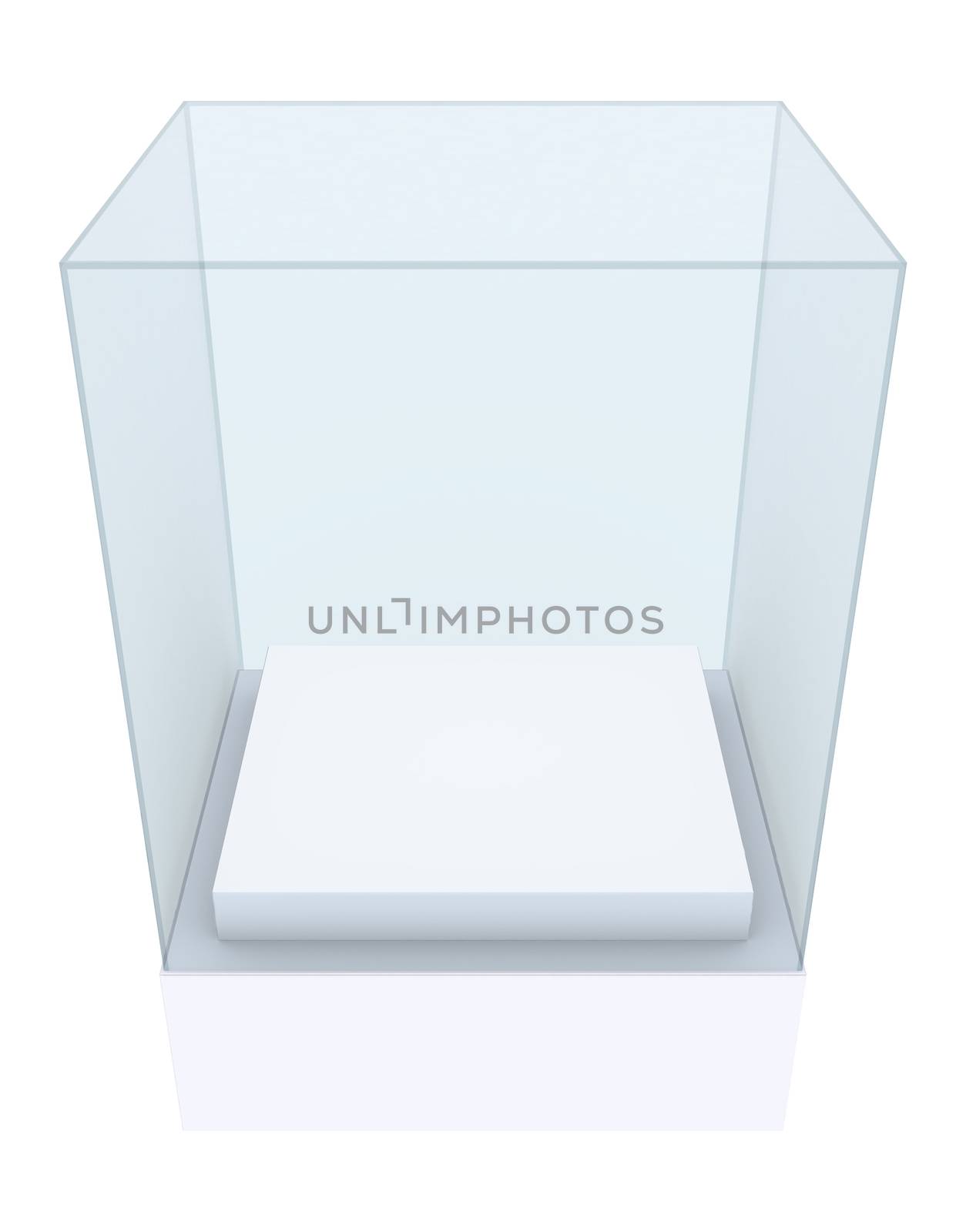 Empty glass showcase. 3D rendering. On white background