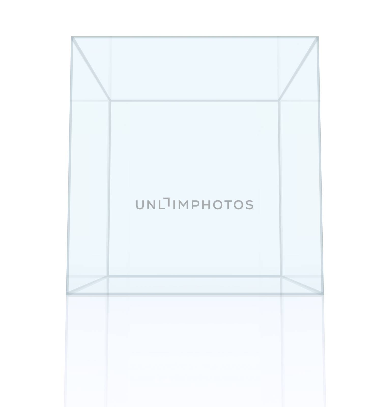Transparent box with reflection on floor. Isolated on white background. 3D rendering