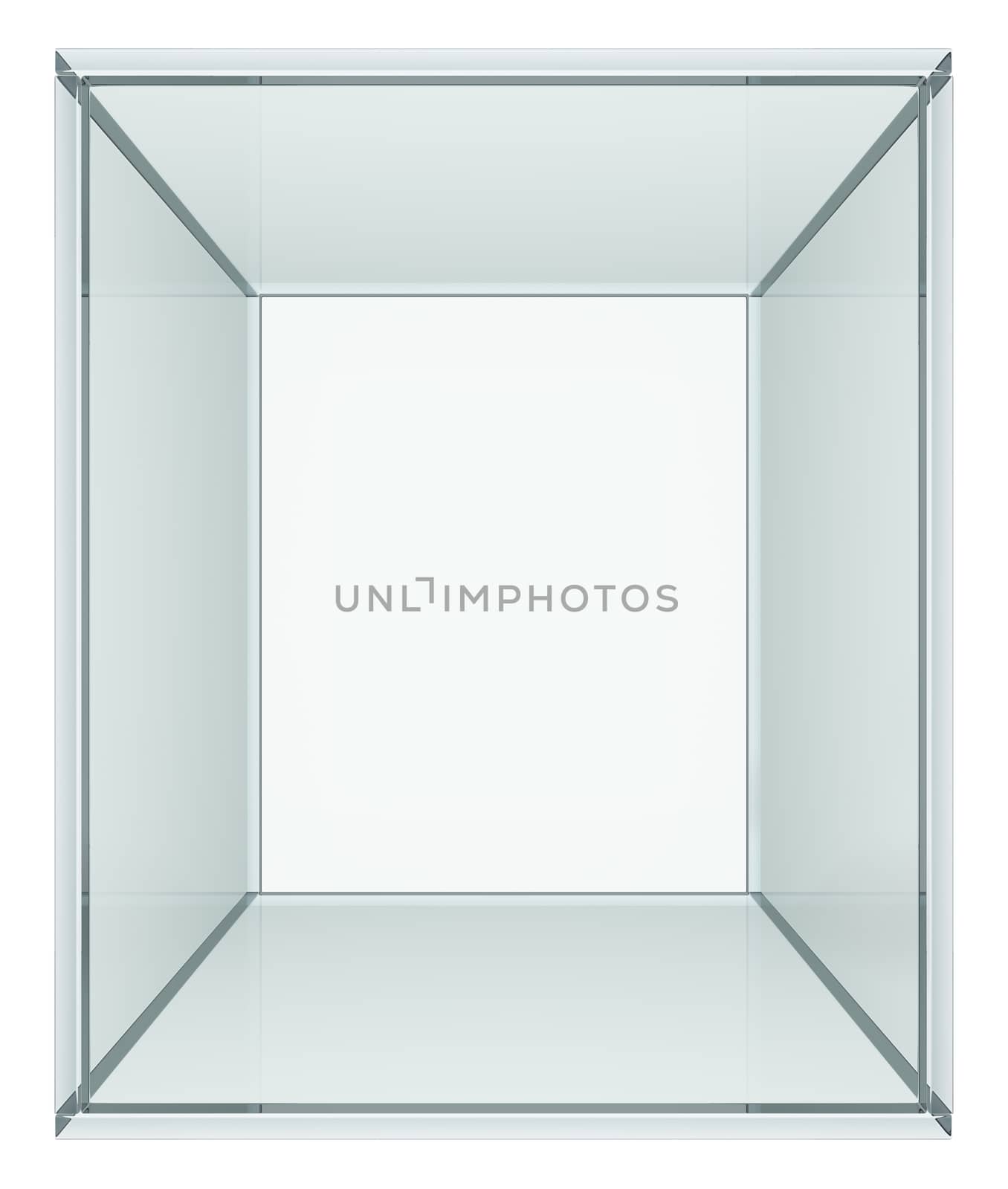 Empty glass cube. Isolated on white. 3D illustration