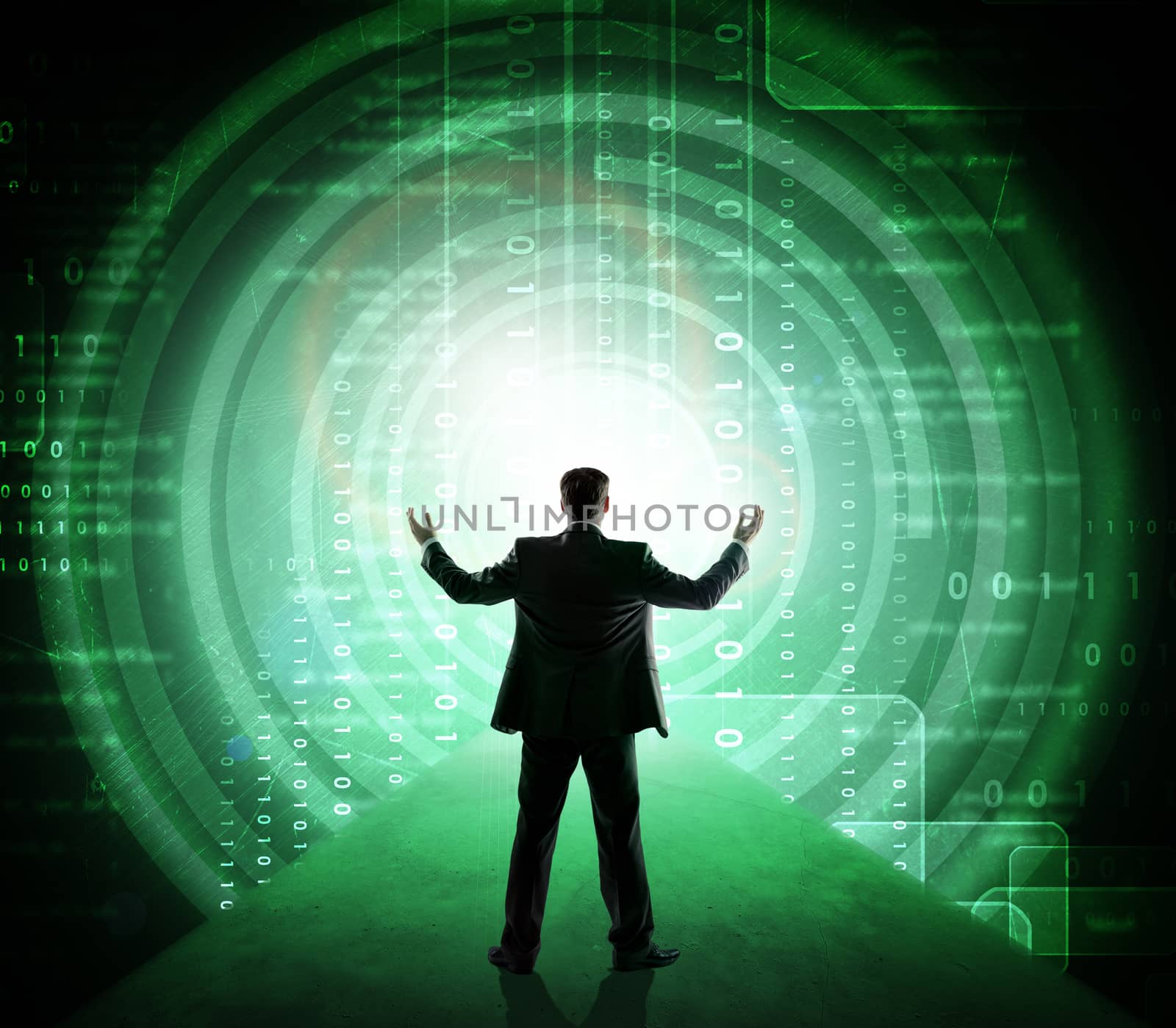 Rear view of businessman in front of digital screen with numbers