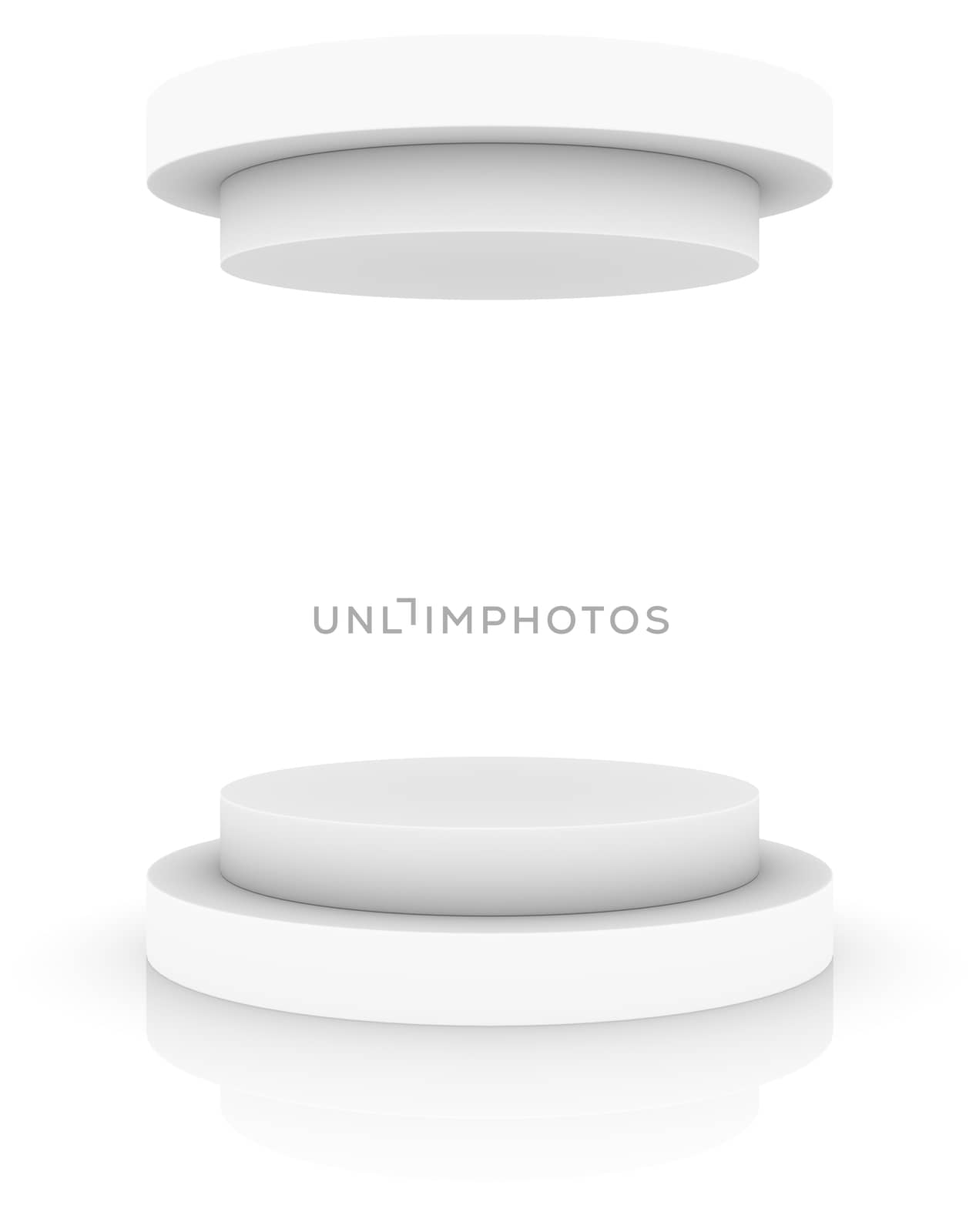 Empty white round podium with cap, isolated on white background. 3D rendering