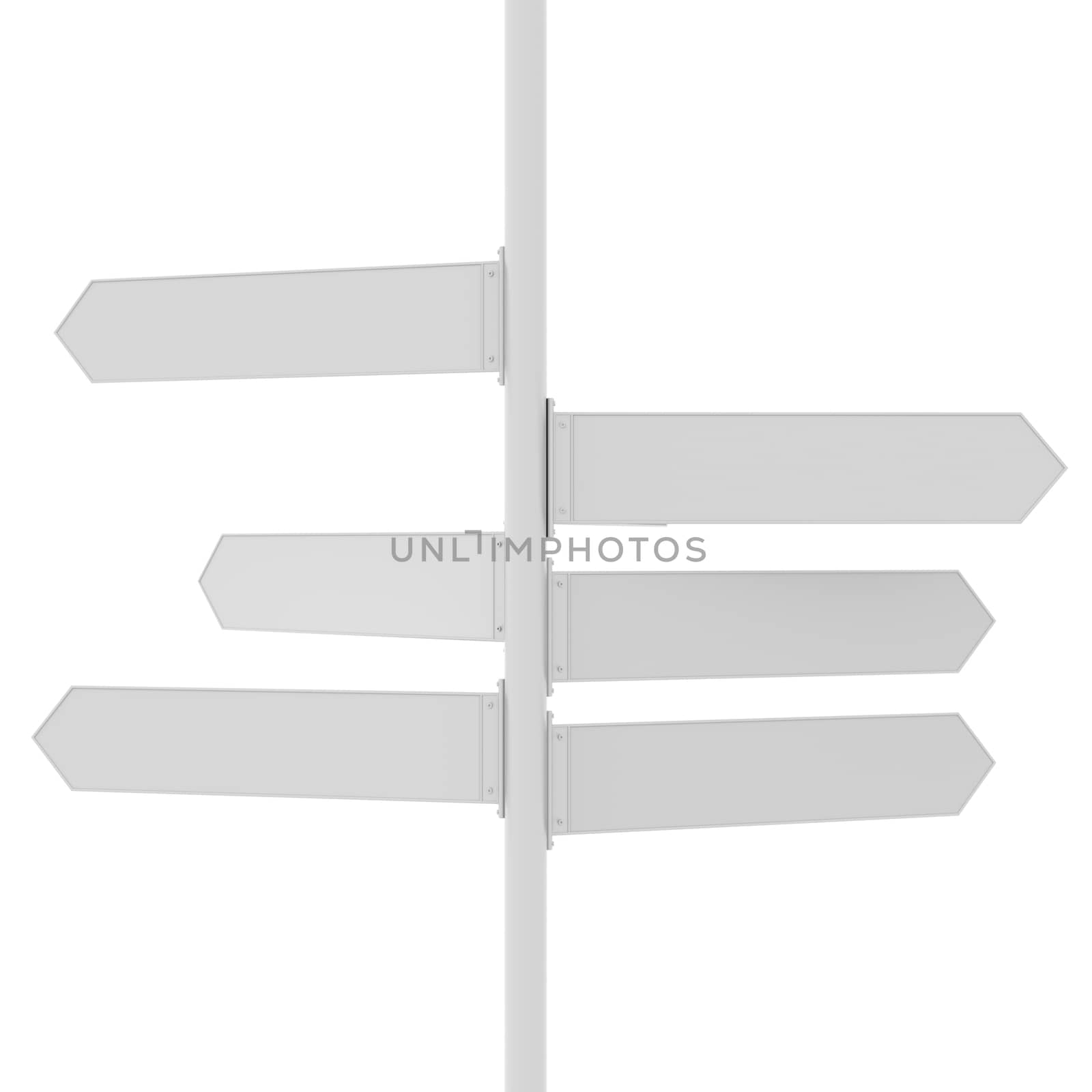 Direction signs x 6. Blank Direction signs for copy space. 3D rendering