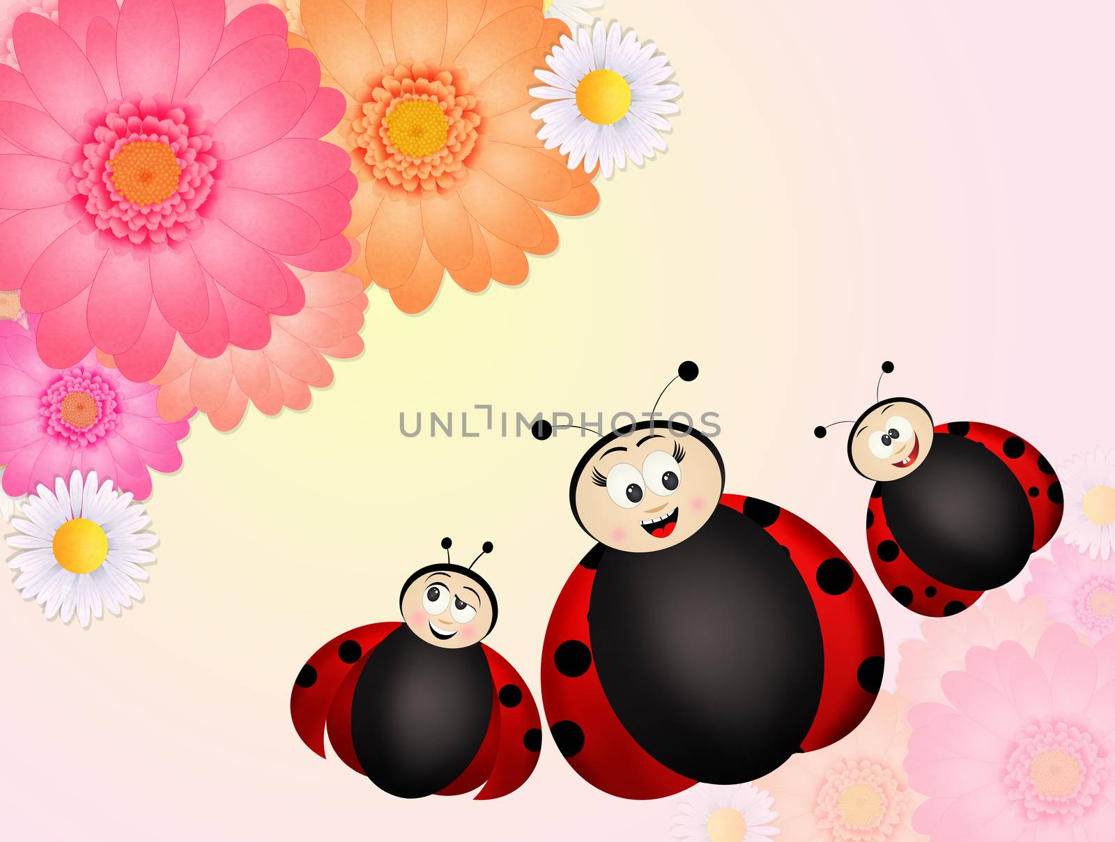 illustration of mom ladybug on flowers