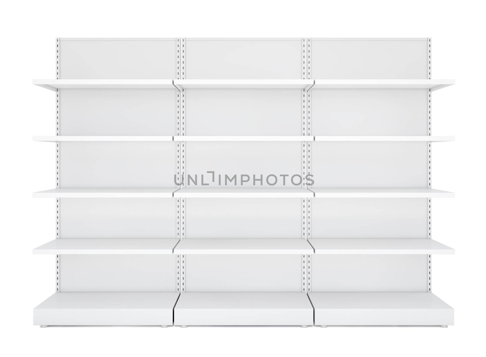 Three white blank empty retail shelves. Front View. Isolated on white background. Template for business or web design. 3D illustration