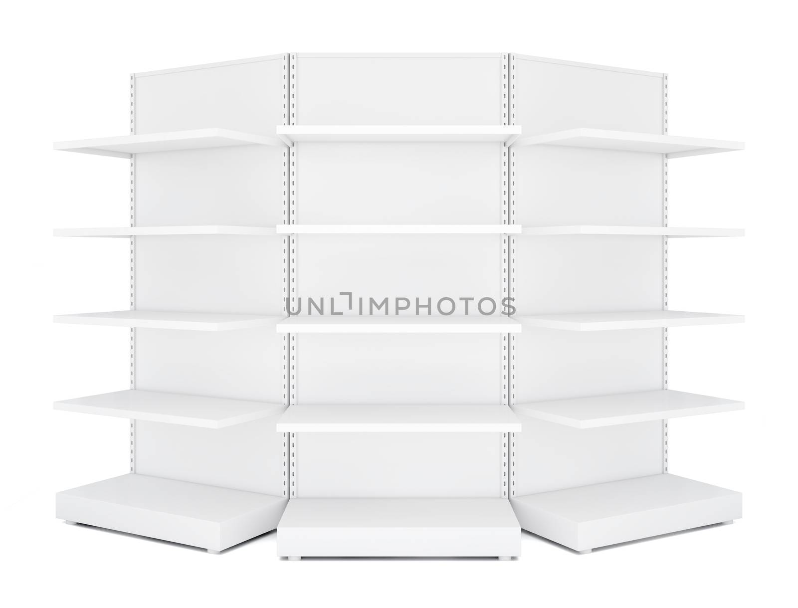 Three rounded blank empty retail shelves. White Background. 3D illustration