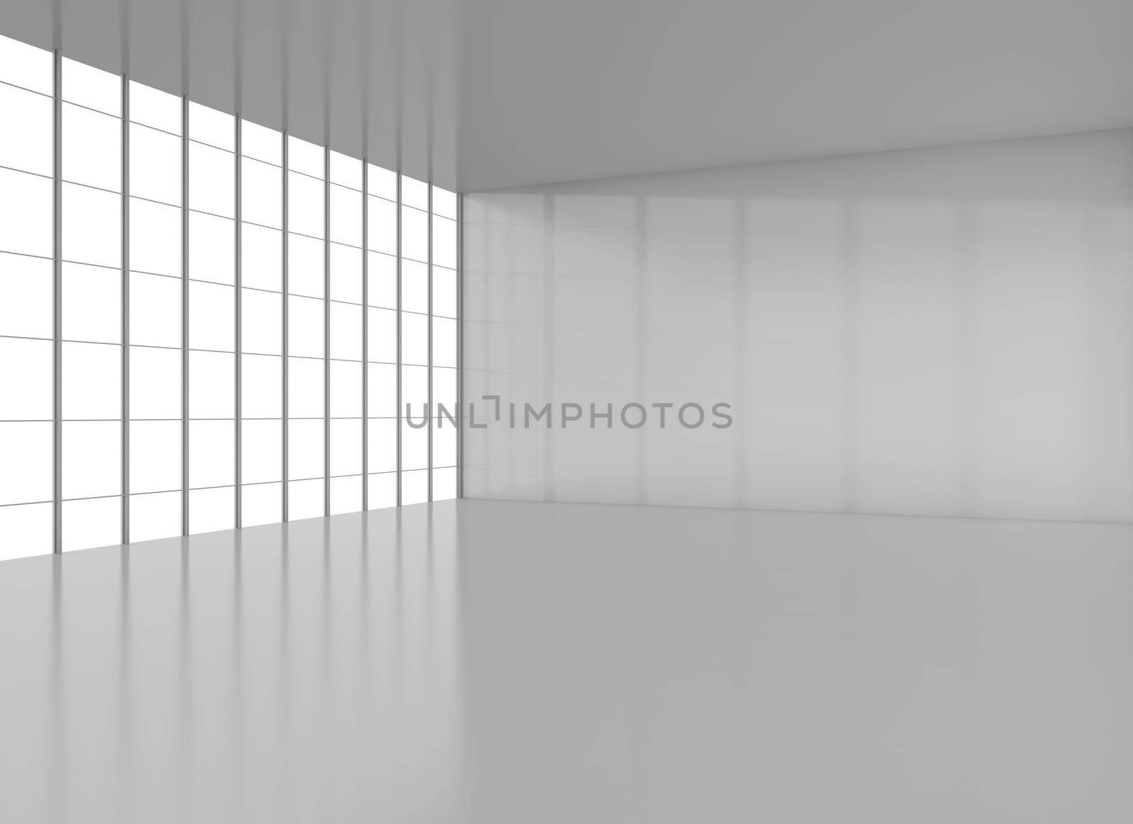 Empty modern loft with floor, ceiling and big window. Exhibition room. 3D illustration