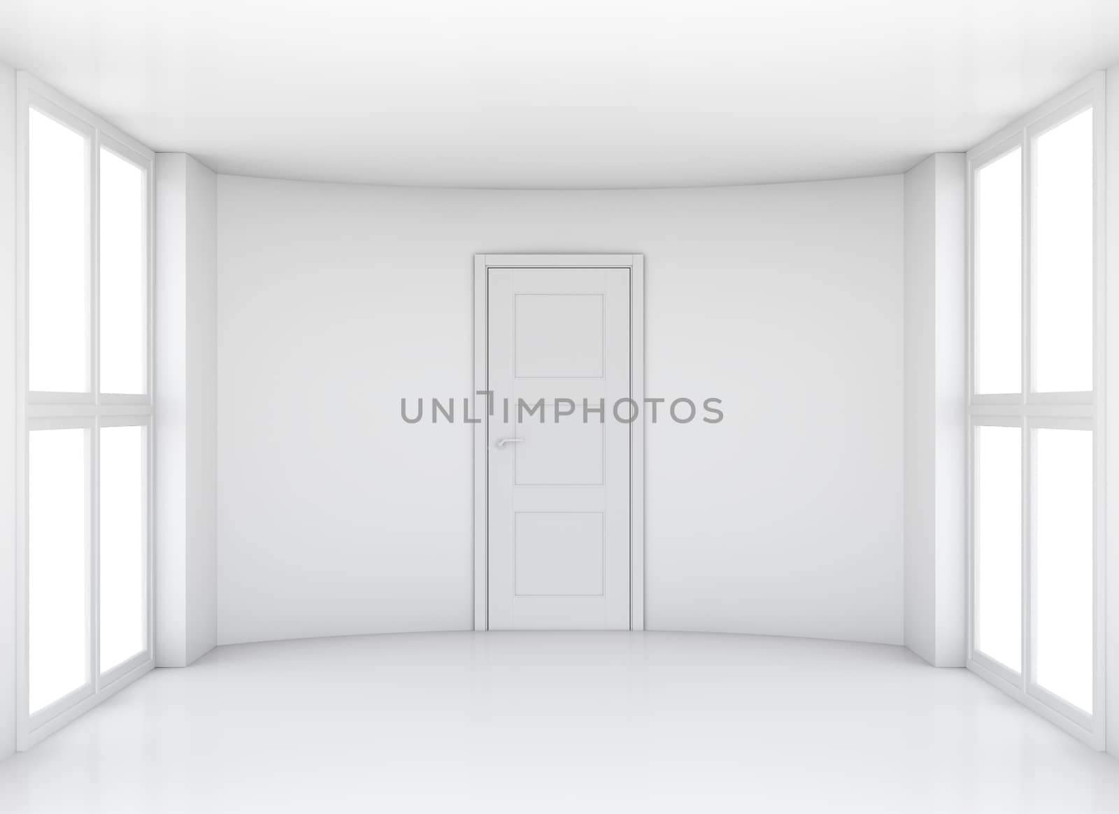 Empty exhibition room with windows and door. 3D rendering