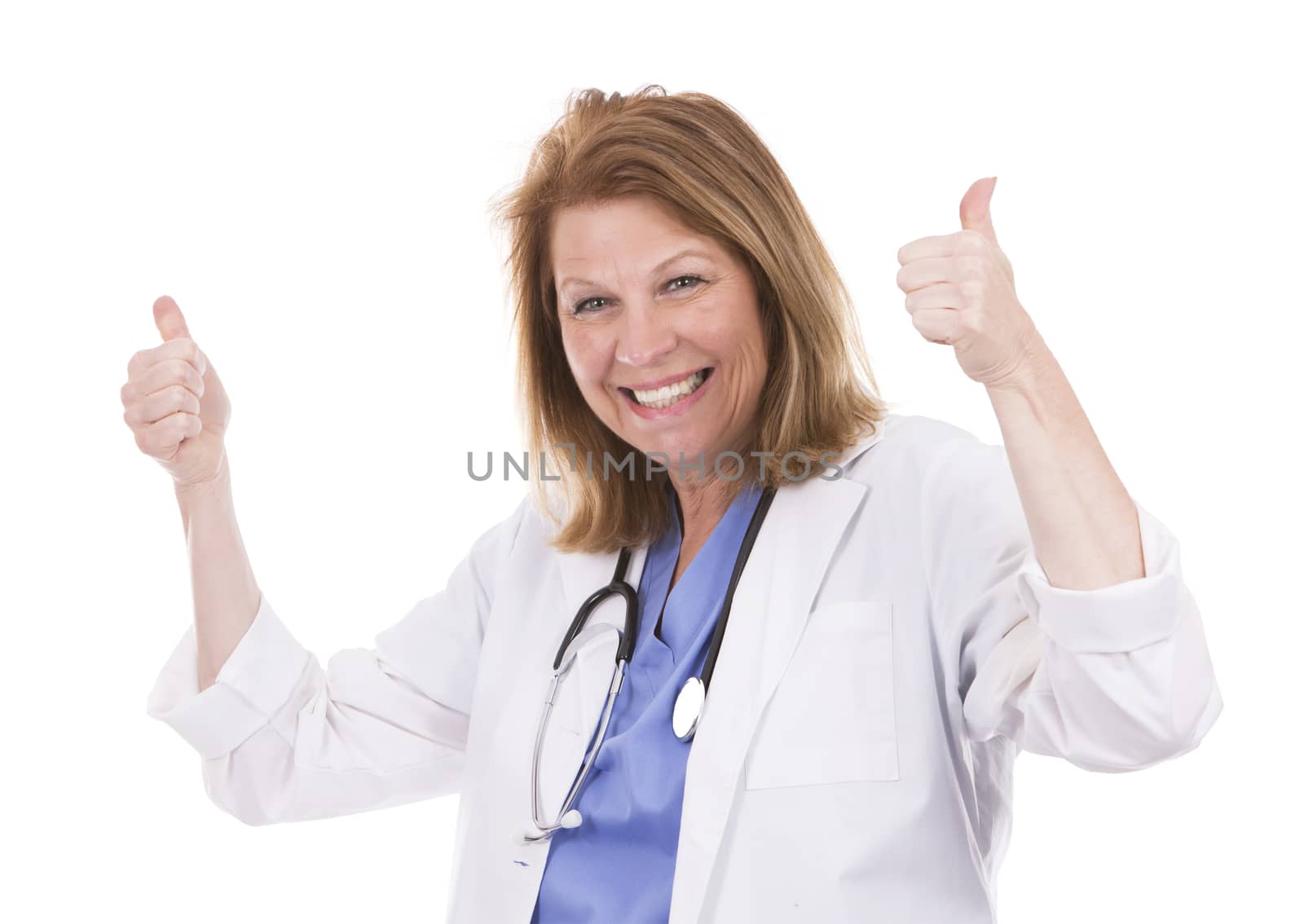 caucasian woman wearing doctor's scrubs on white background