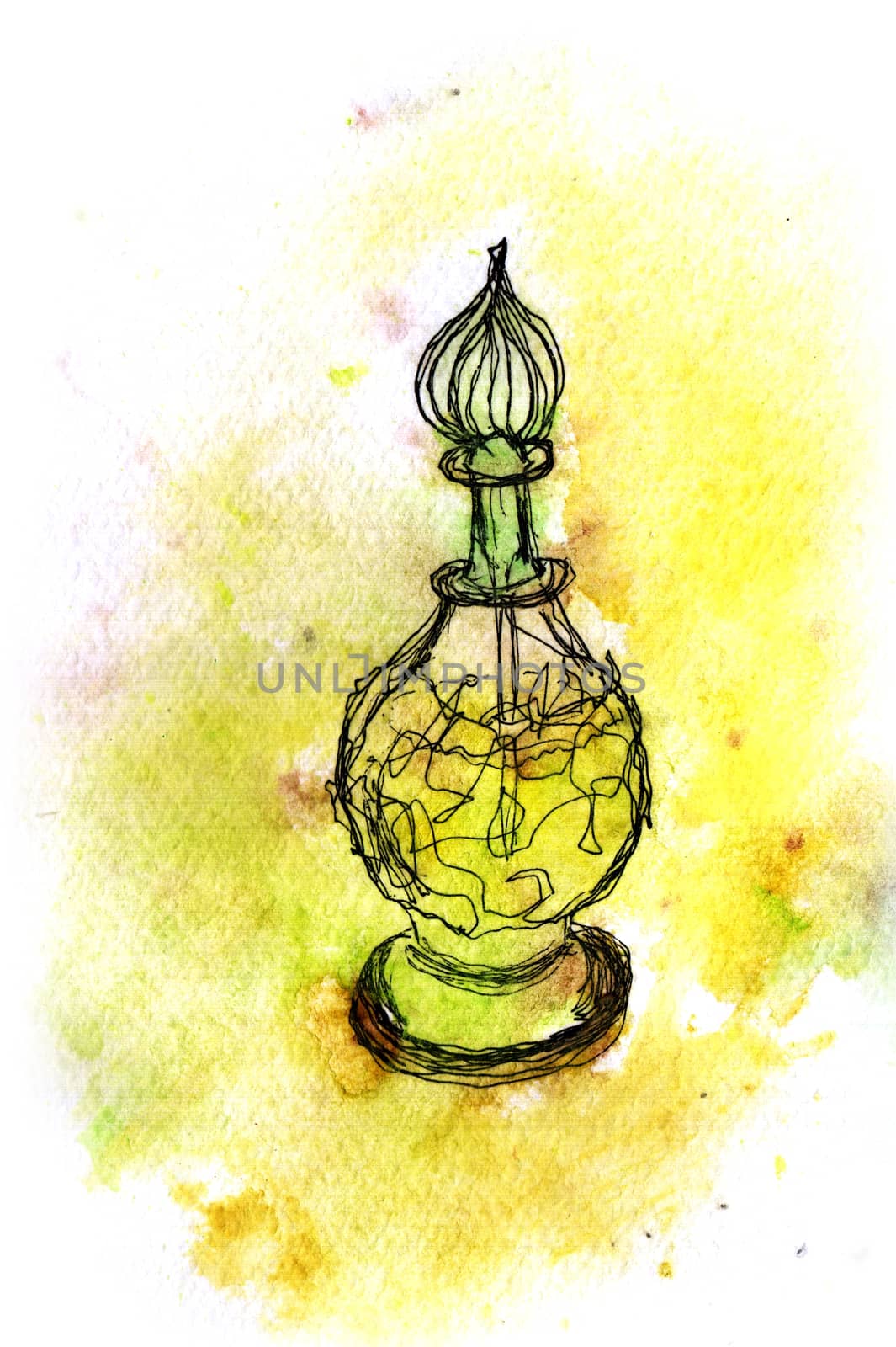 Beautiful bottle of perfume. Hand drawing watercolor and ink