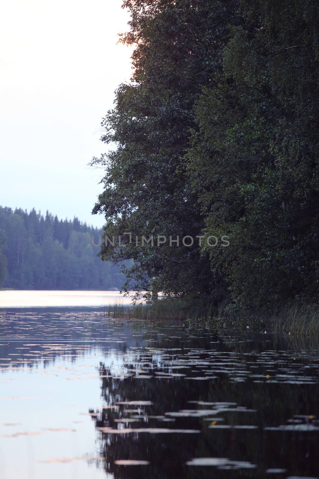 Beautiful calm landscape with lake and trees, Finland