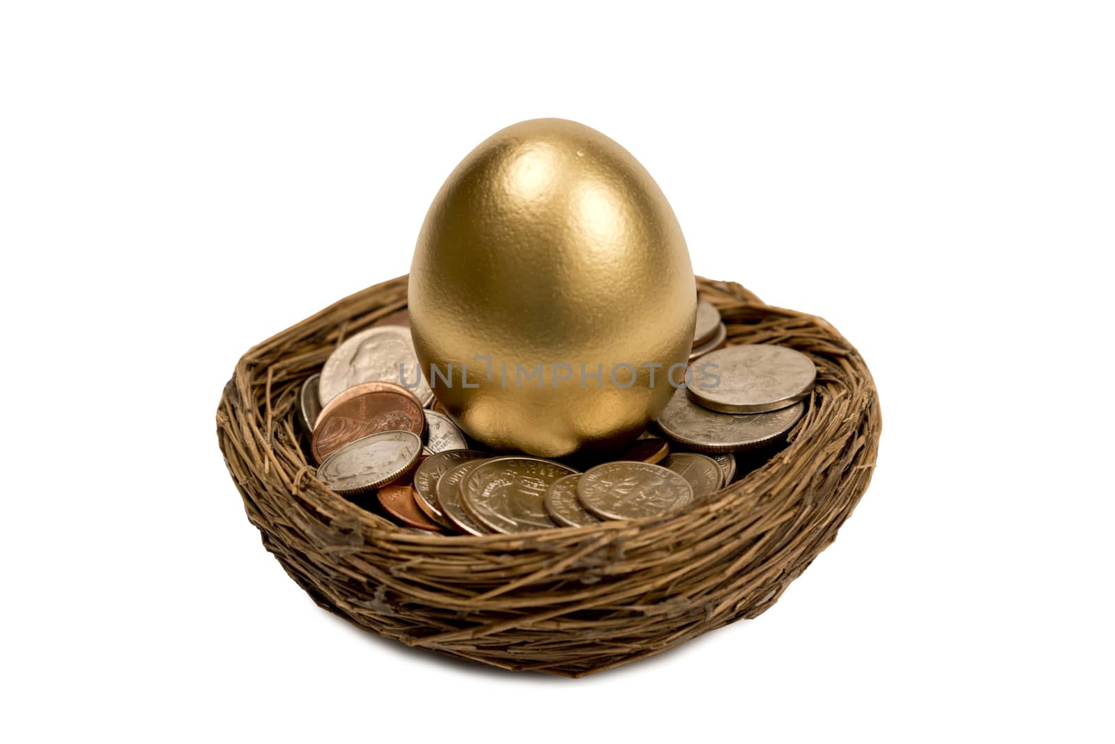 Golden Egg Standing Up Surrounded By Coins by stockbuster1