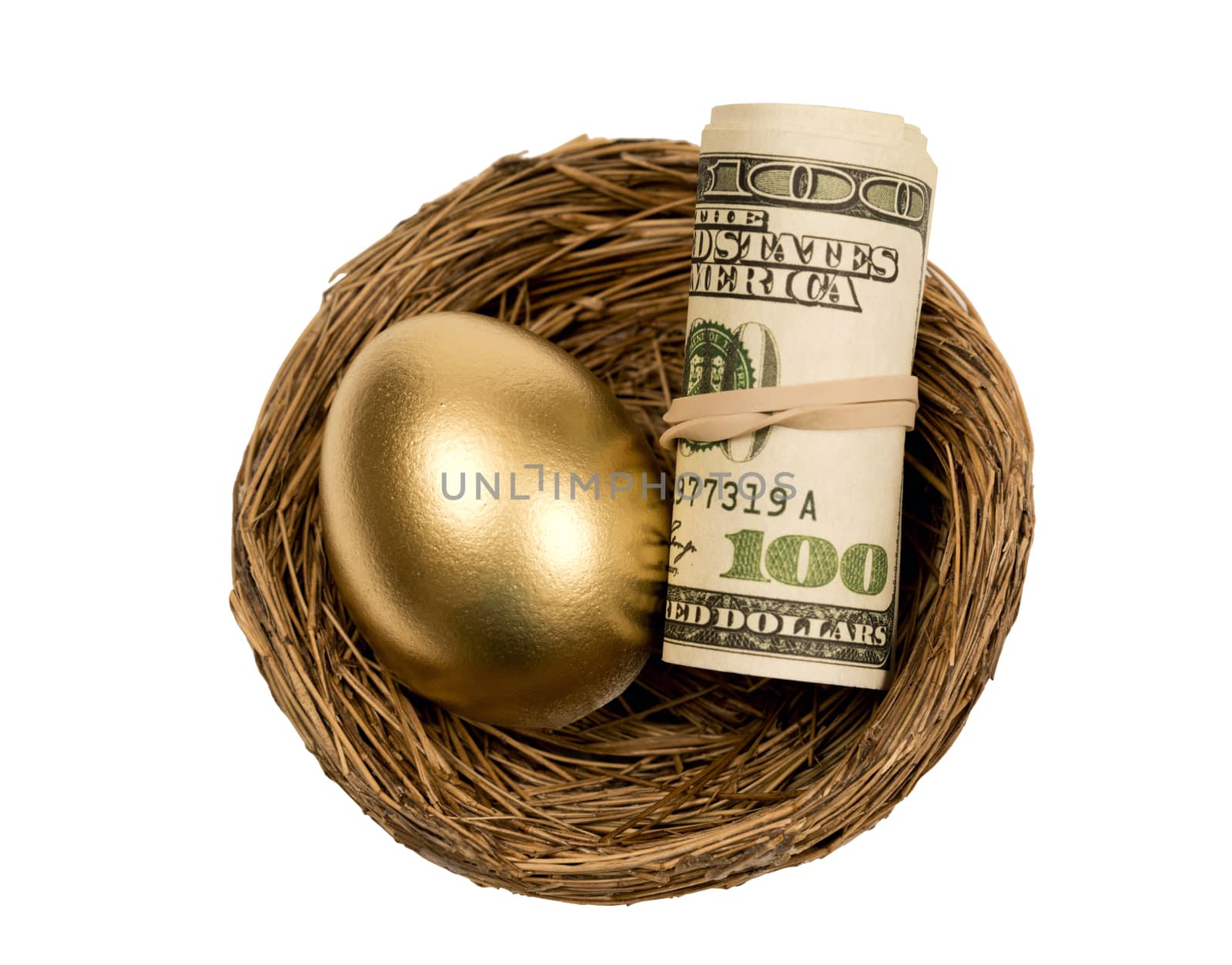 Golden egg with roll of money resting in a nest and isolated on white background