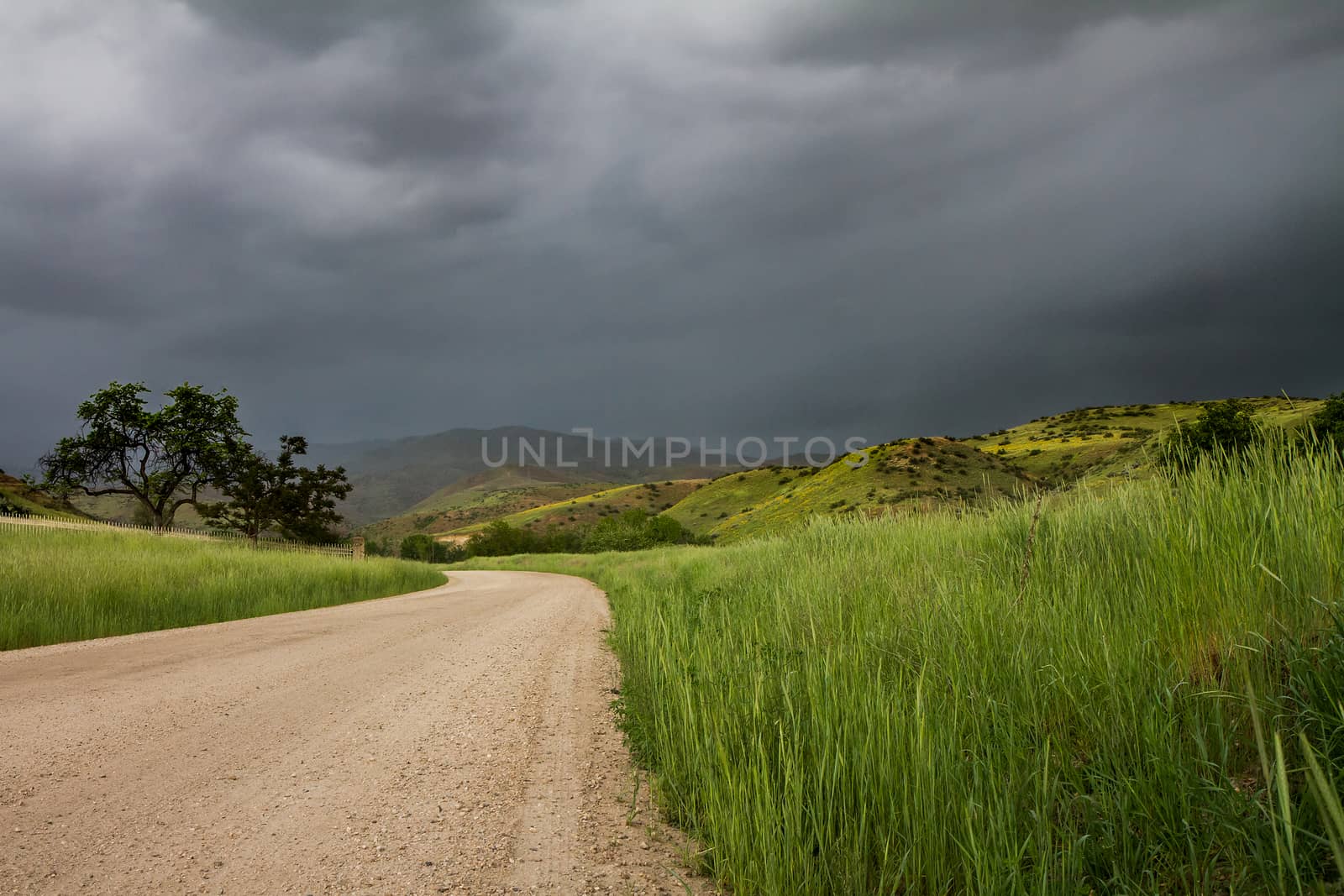 Rural country road leading into the storm