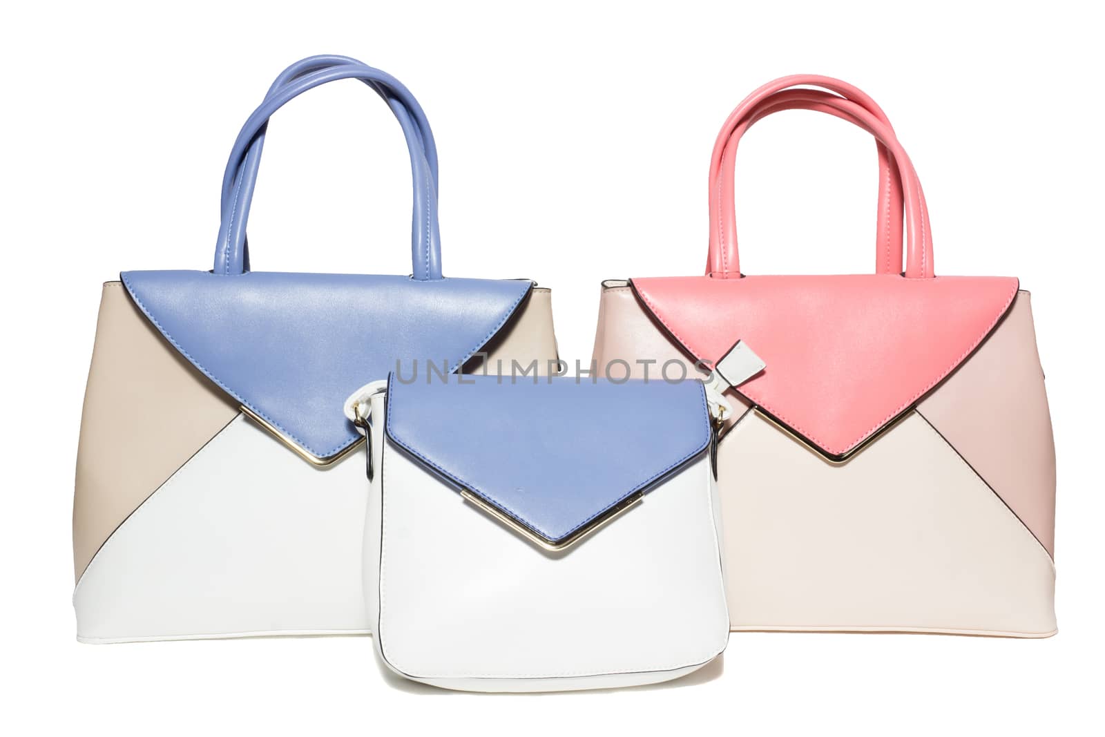 The photograph shows a female handbag on a white background