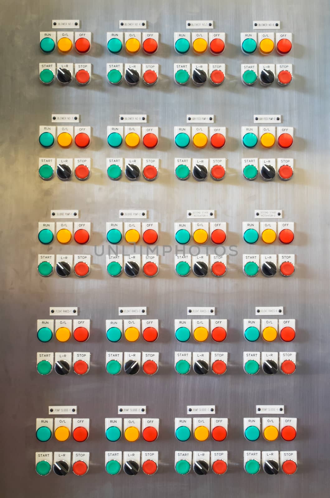 Industrial, electric switch panel with buttons in different colours.