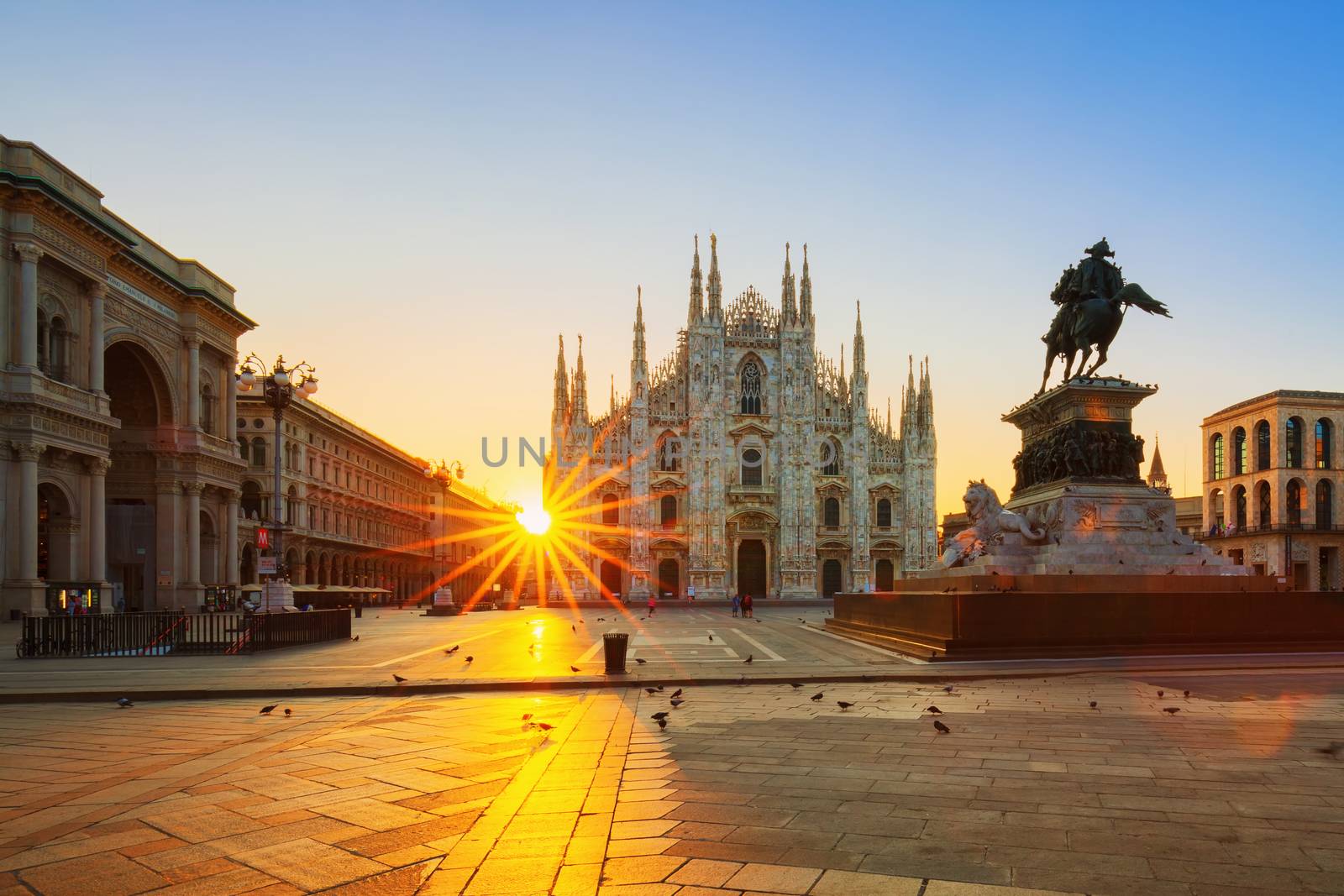 View of Duomo at sunrise, Milan, Italy.