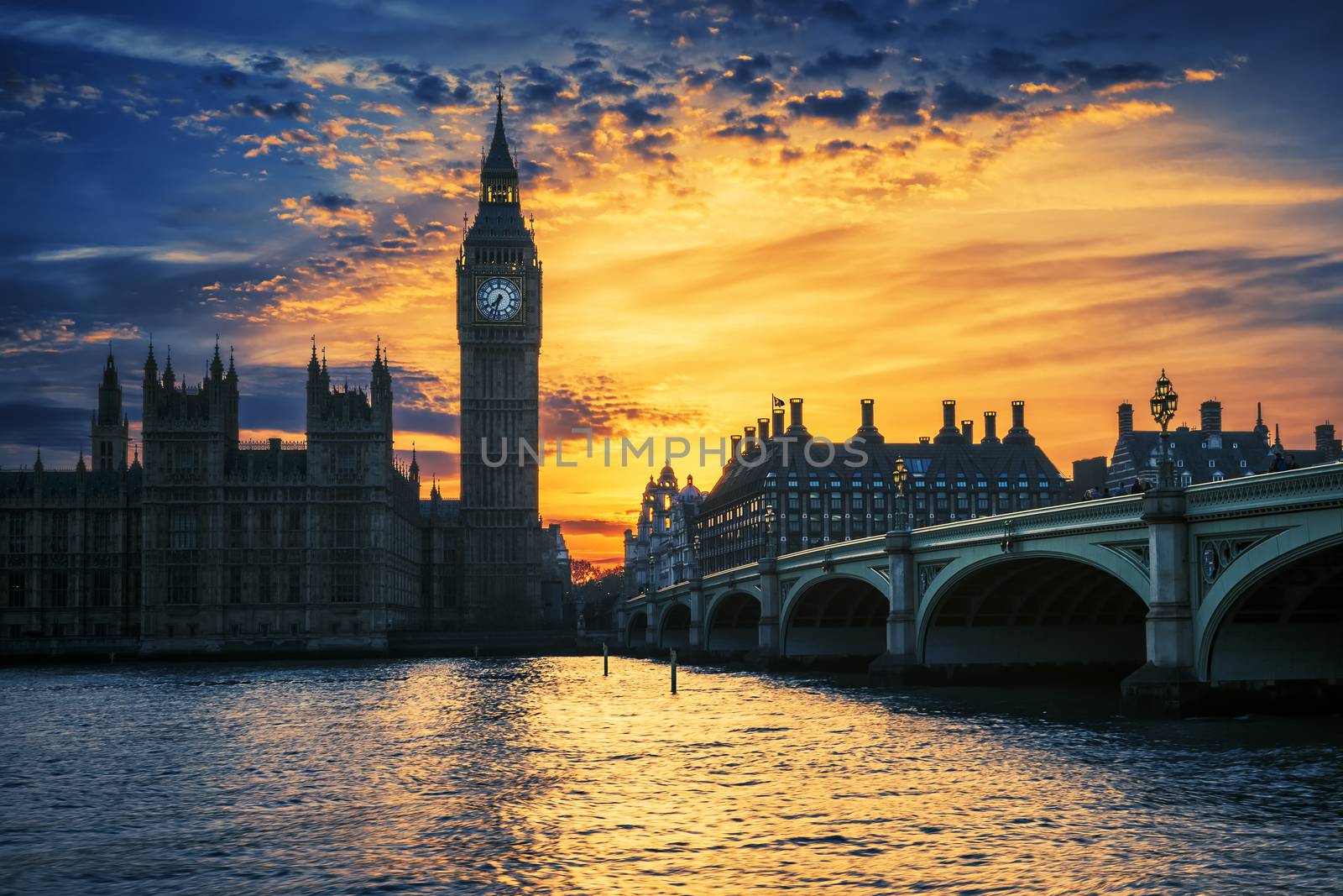 View of Big Ben and Westminster Bridge at sunset, London, UK