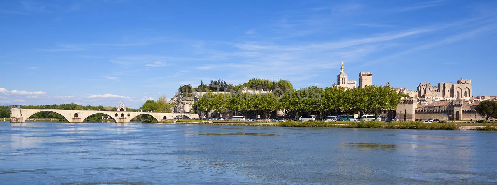 Panoramic view of Avignon Bridge with Popes Palace, Pont Saint-Benezet, Provence, France