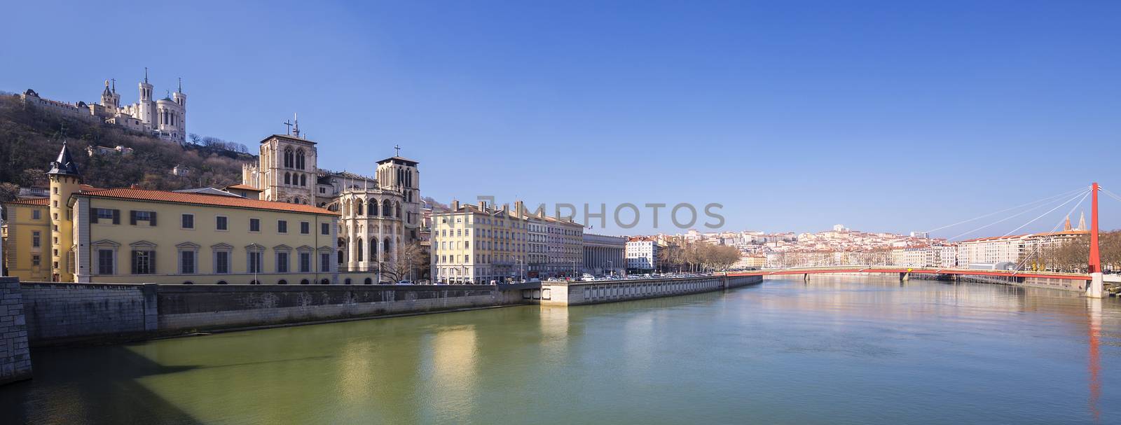 Panoramic view of Saone river in Lyon city, France