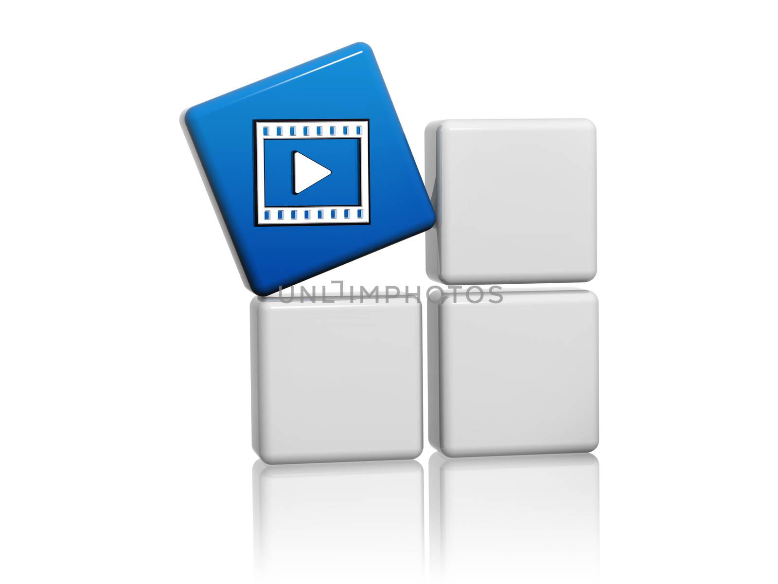 video player sign - blue cube with white symbol on grey boxes 3D illustration, multimedia presentation concept
