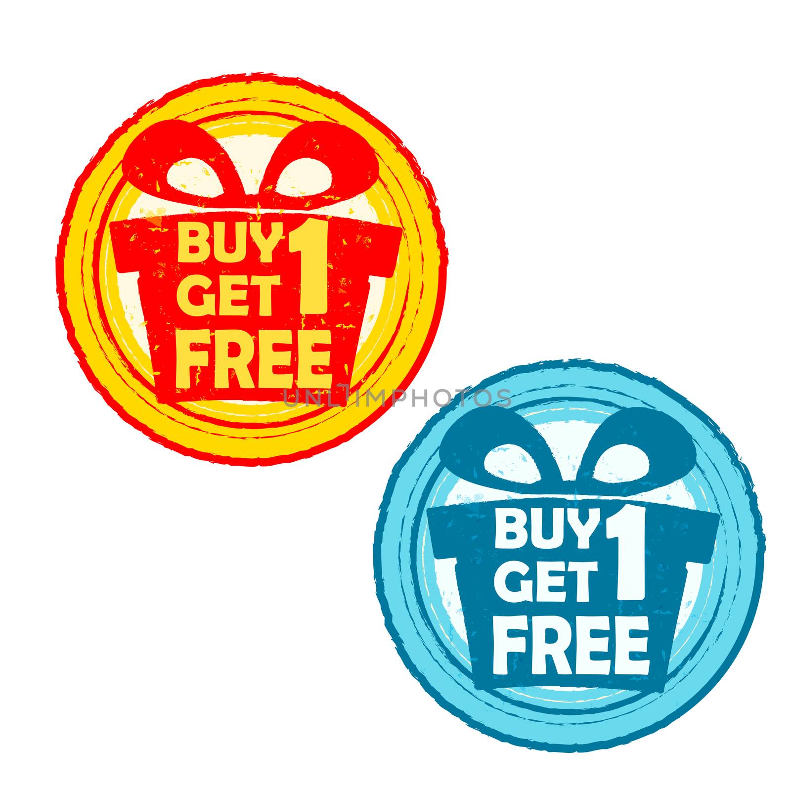 buy one get one free with gift signs - text in yellow red and blue drawn label with present box symbols, business shopping concept