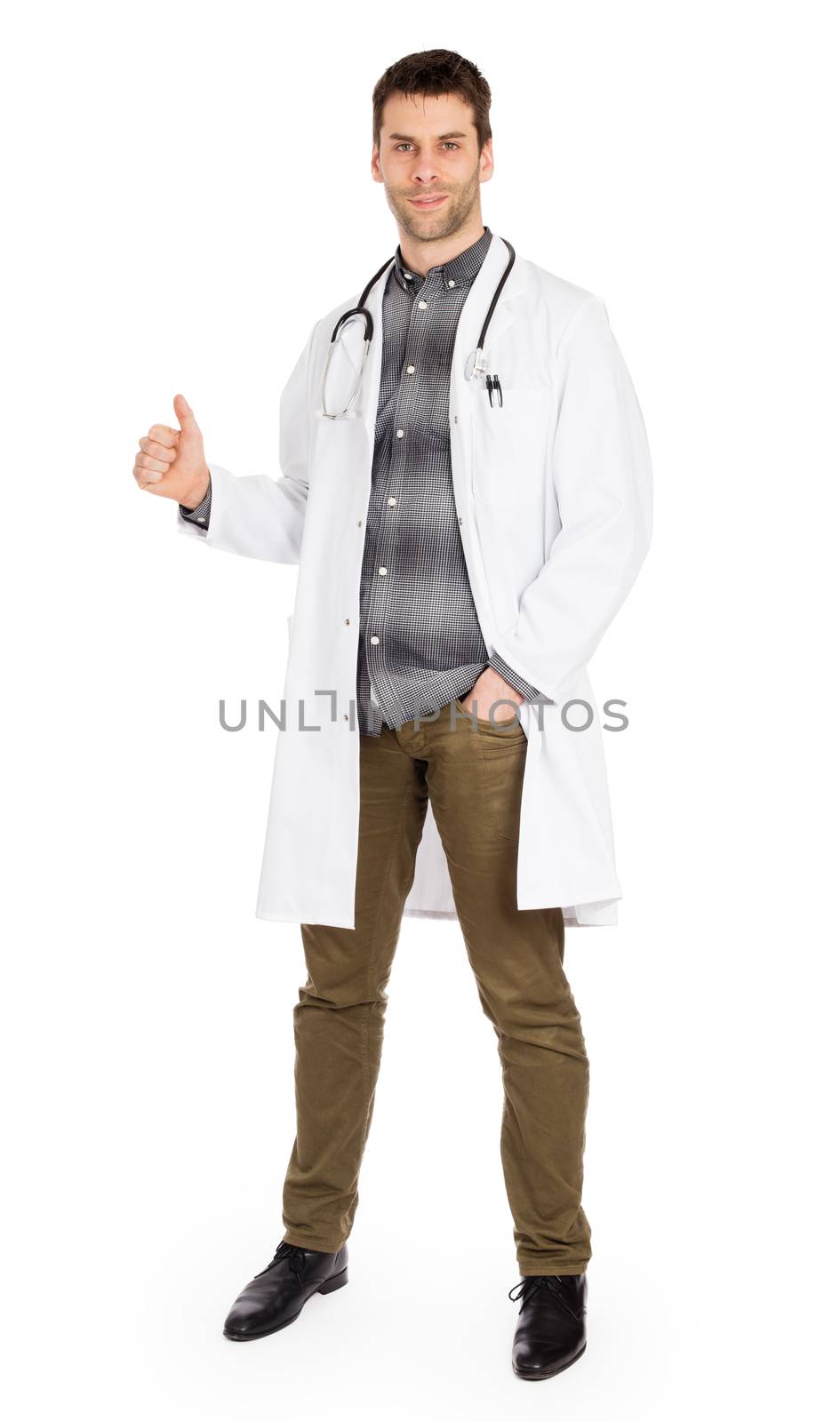 Happy male doctor showing thumb up by michaklootwijk