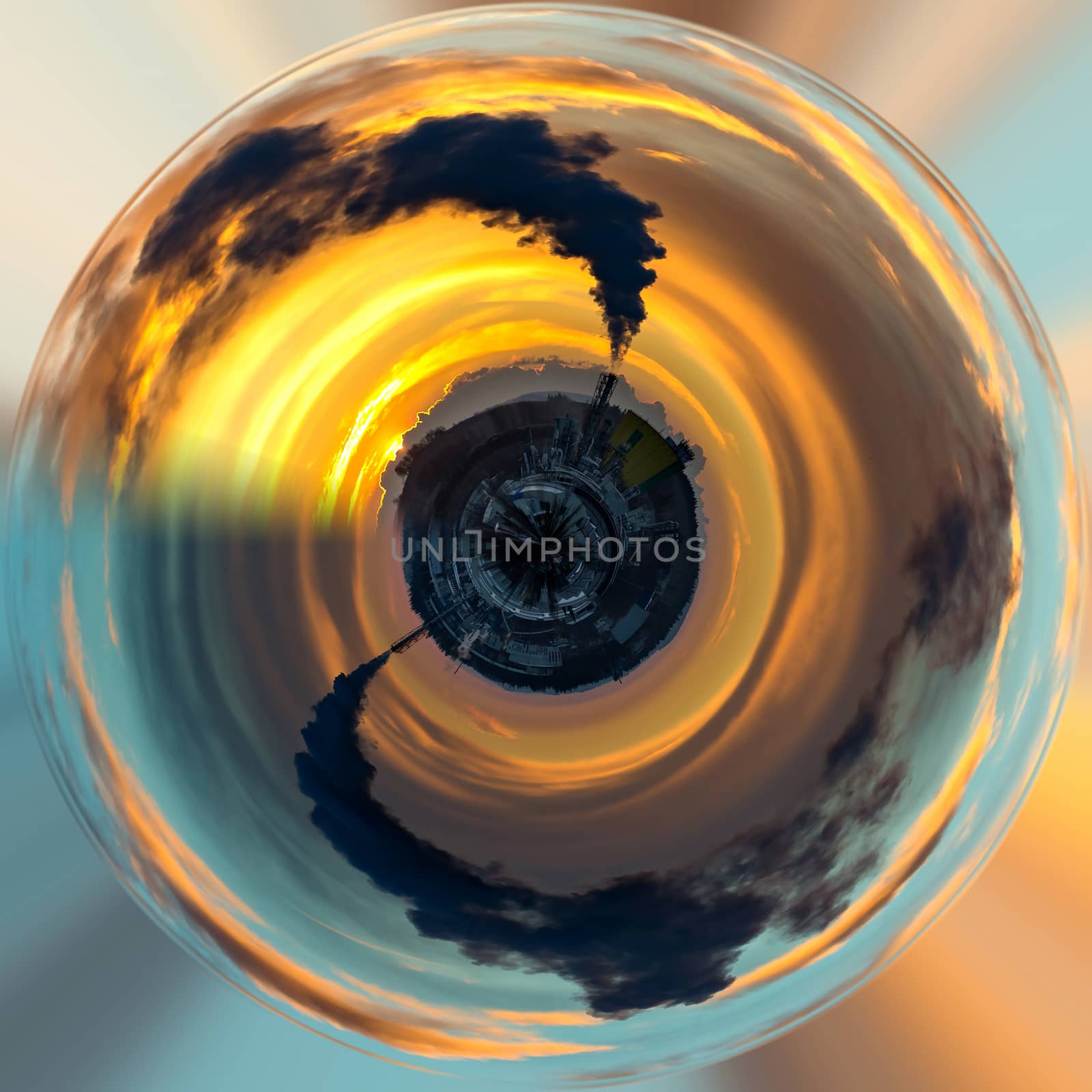 Little planet. Sunrise silhouette of city landscape with smoking factory, ecology pollution concept. Ecology concept. Tiny pollution planet. Save world nature project.