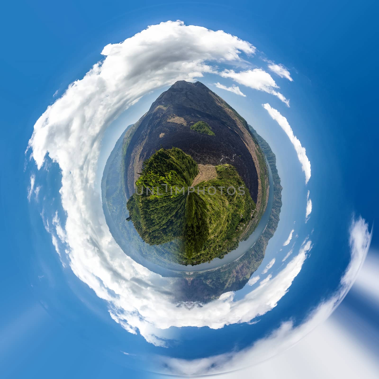 Tiny green planet indonesia. Batur volcano and Agung mountain panoramic view with blue sky from Kintamani, Bali, Indonesia ecology concept. Tiny green planet. Save world nature project.