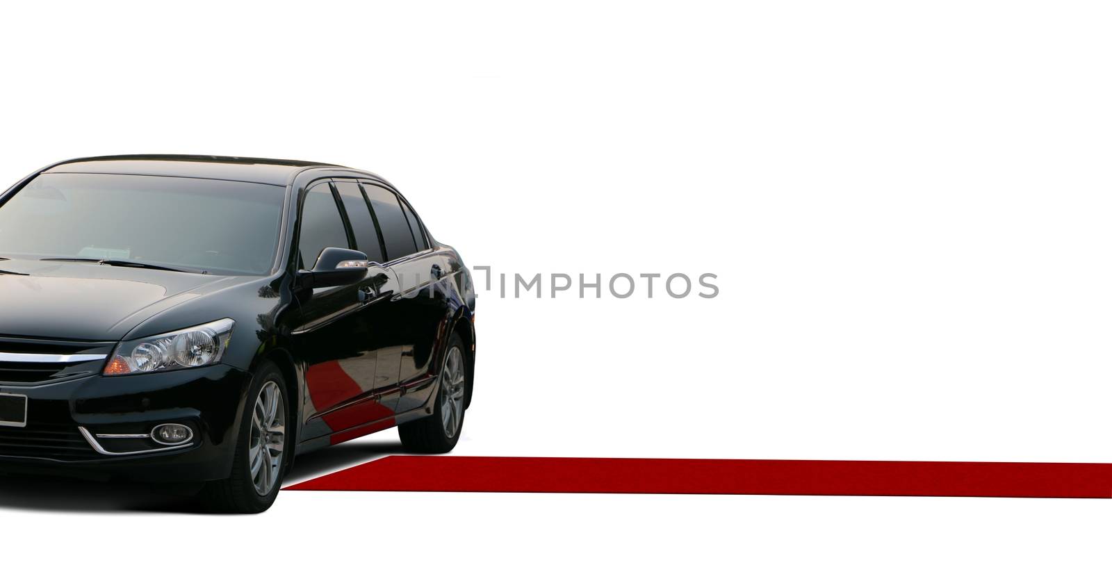 Red carpet and black limousine over white