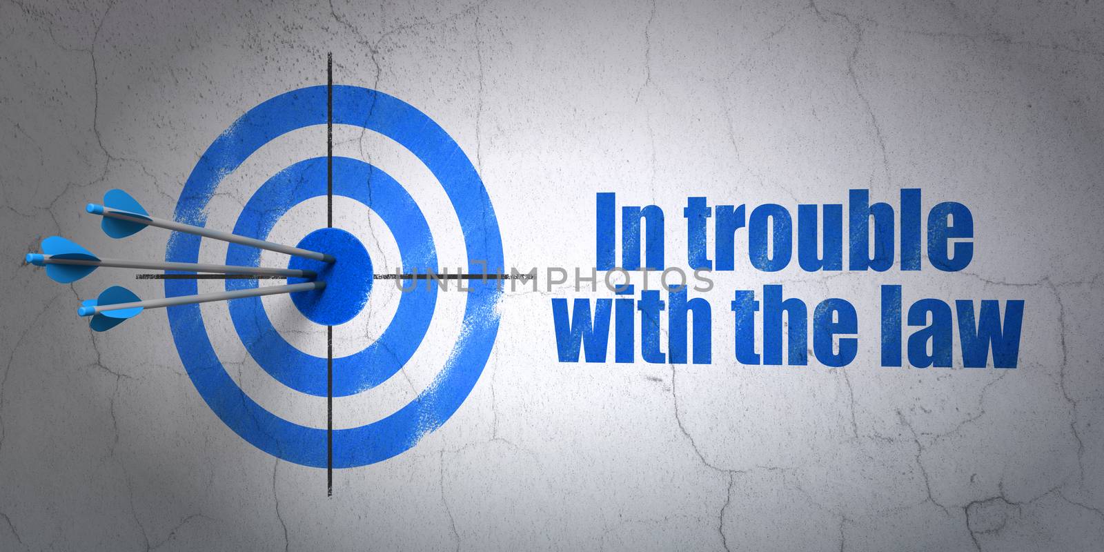 Success law concept: arrows hitting the center of target, Blue In trouble With The law on wall background, 3D rendering