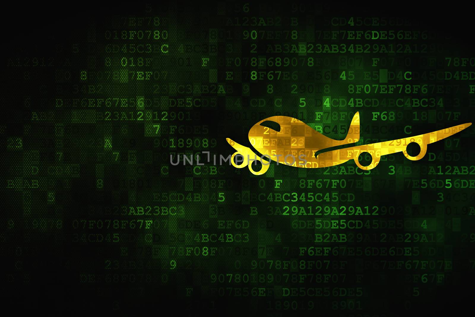 Tourism concept: pixelated Airplane icon on digital background, empty copyspace for card, text, advertising