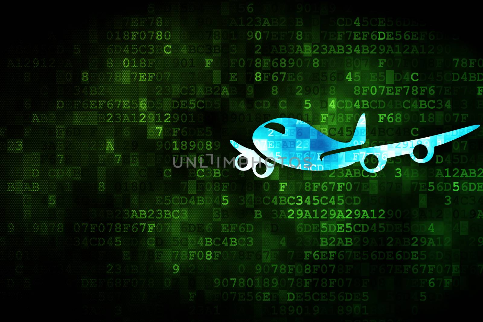 Tourism concept: pixelated Airplane icon on digital background, empty copyspace for card, text, advertising