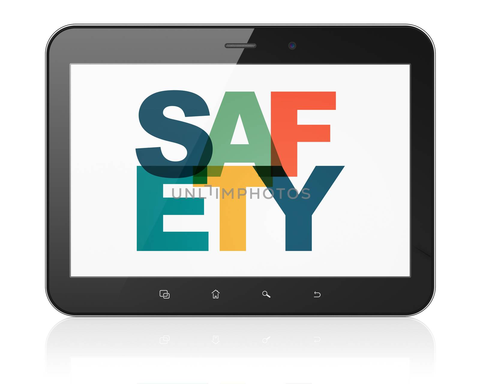 Security concept: Tablet Computer with Painted multicolor text Safety on display, 3D rendering