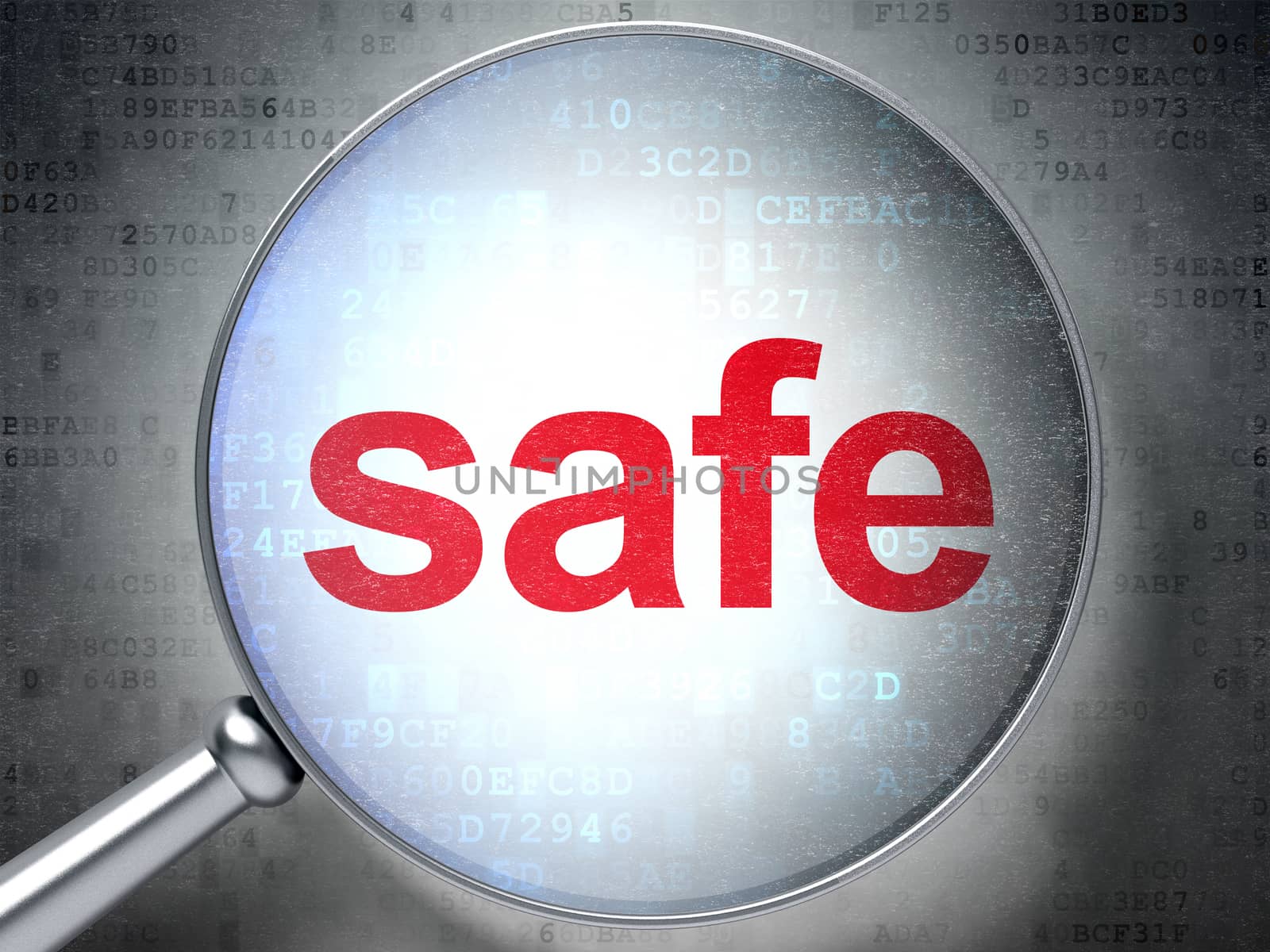 Safety concept: magnifying optical glass with words Safe on digital background, 3D rendering