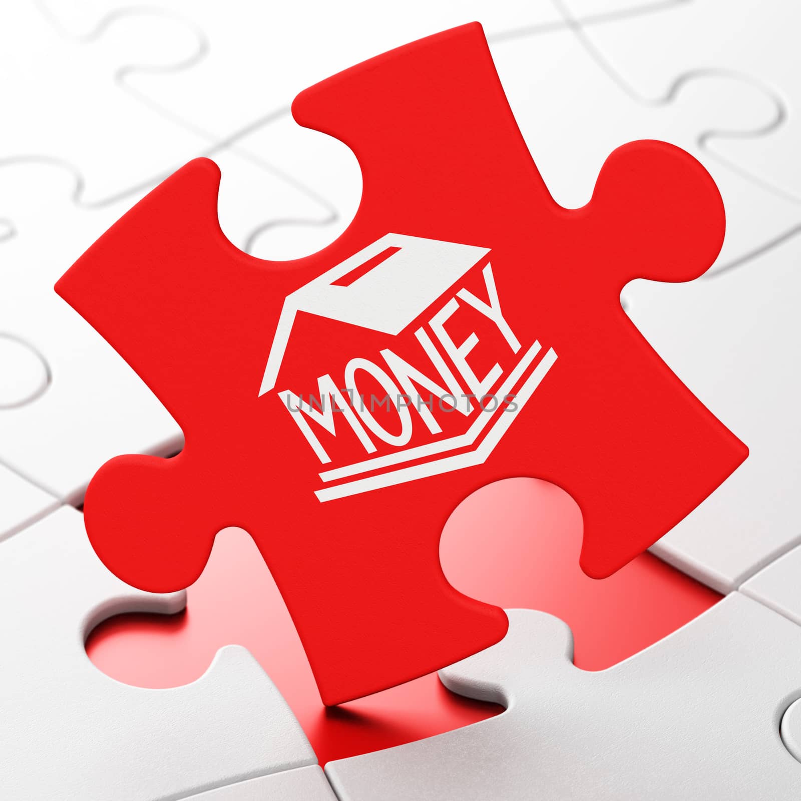 Banking concept: Money Box on Red puzzle pieces background, 3D rendering