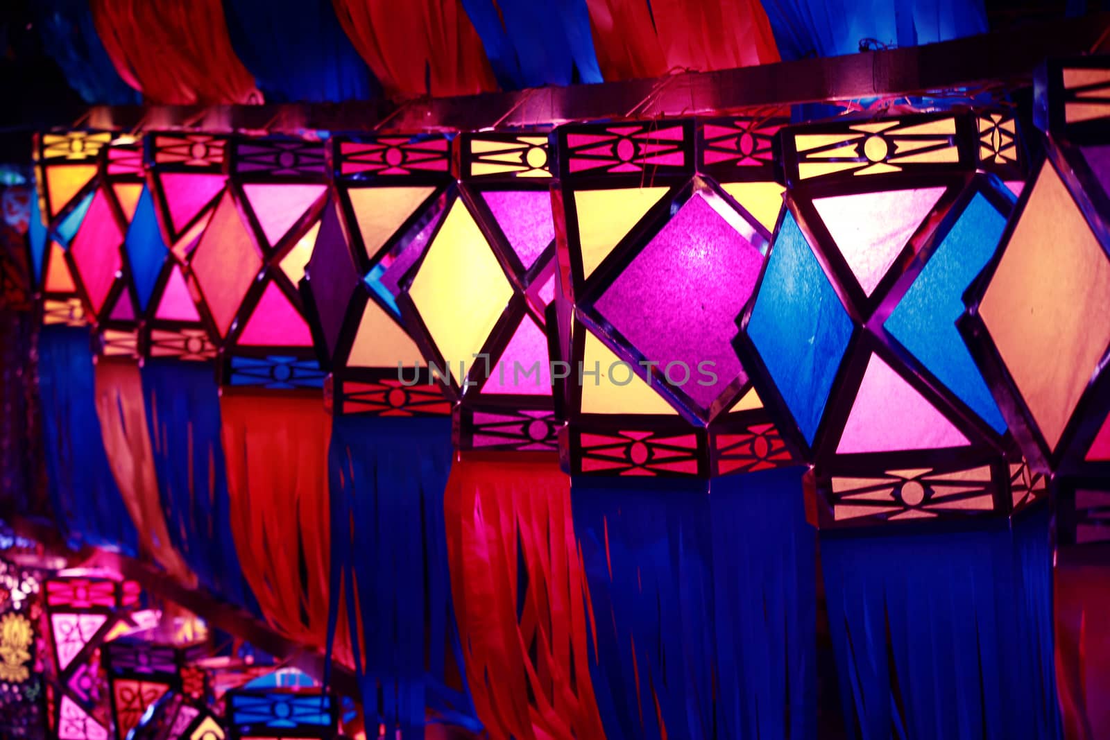 Beautiful Diwali lanterns put up in a line for decoration on the occasion of the festival.