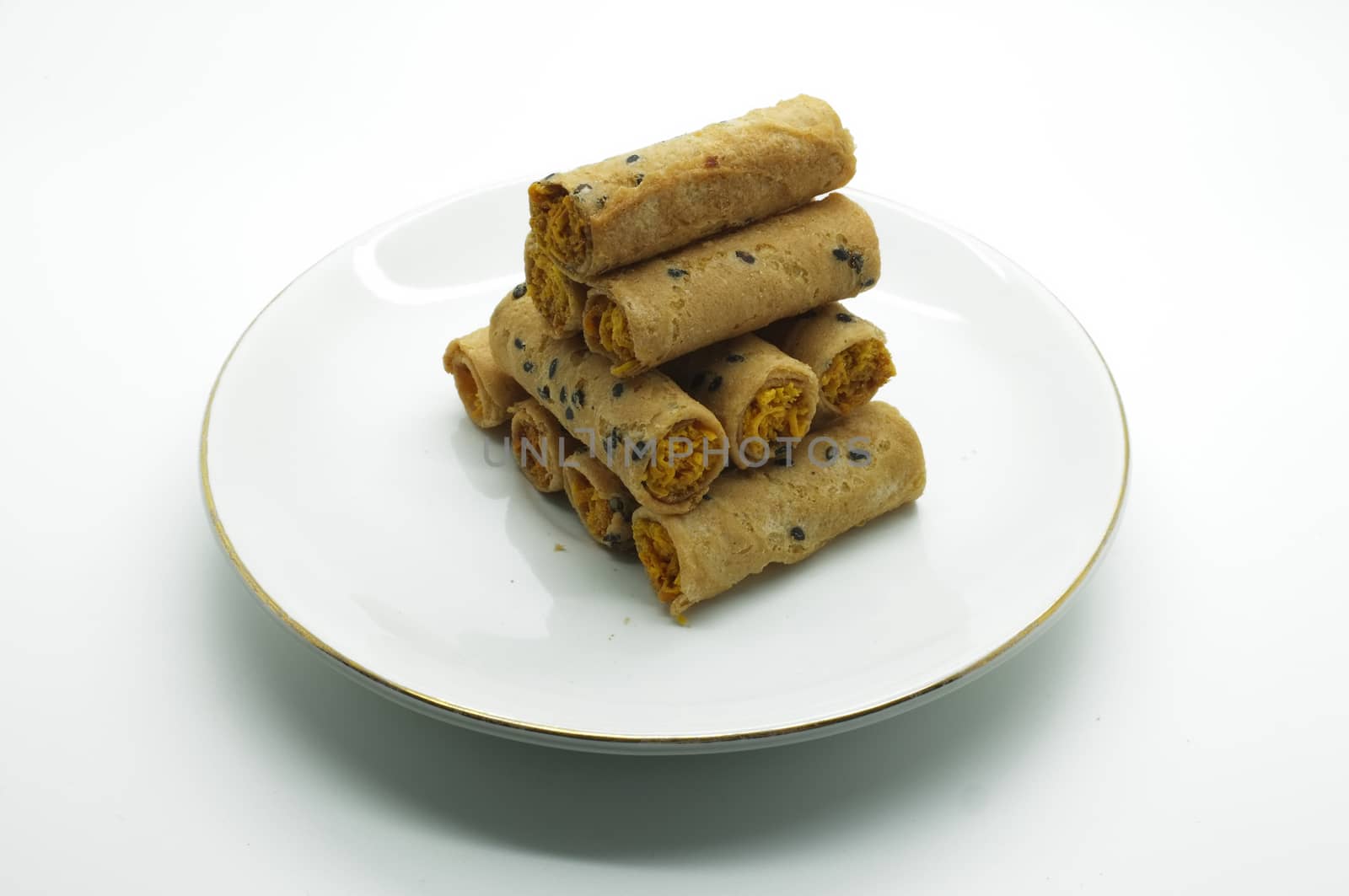Thai rolled wafer stacking on dish