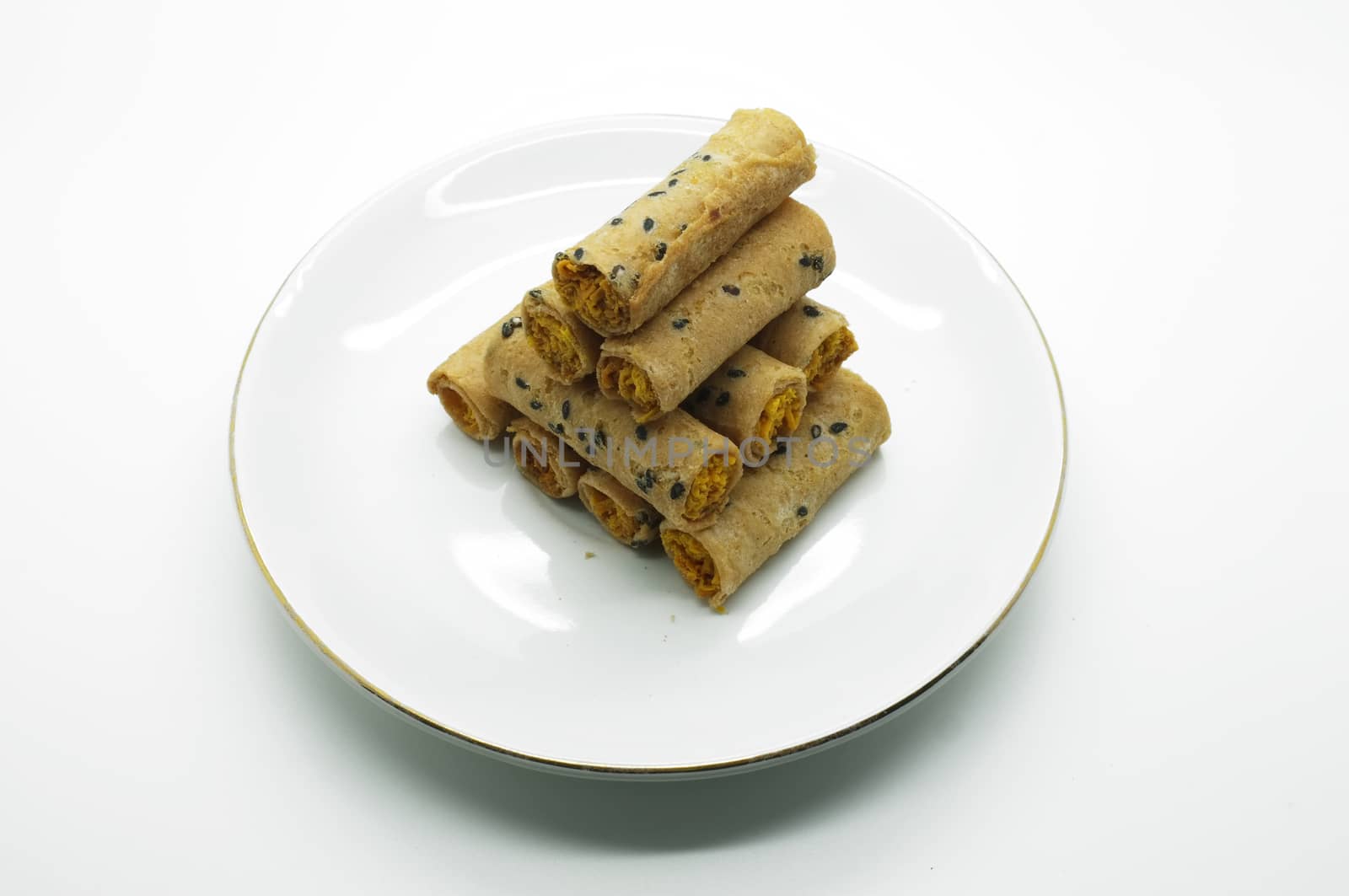 Thai rolled wafer stacking on dish
