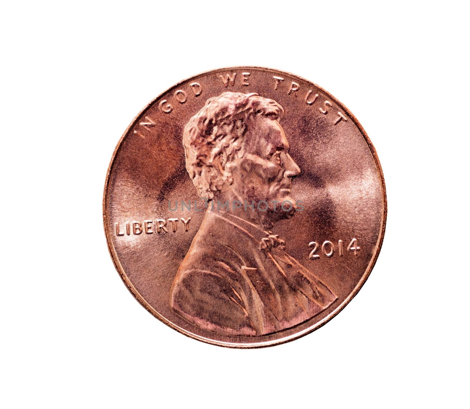 Close up shot of copper American penny isolated on white