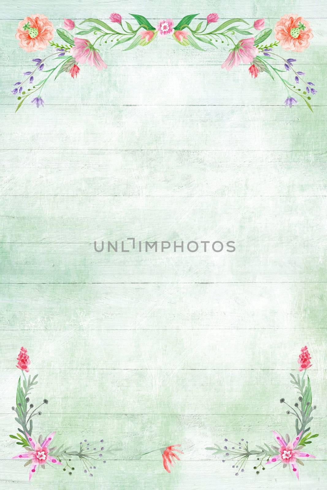 Vintage plank texture with watercolor botanical rose  wreath 