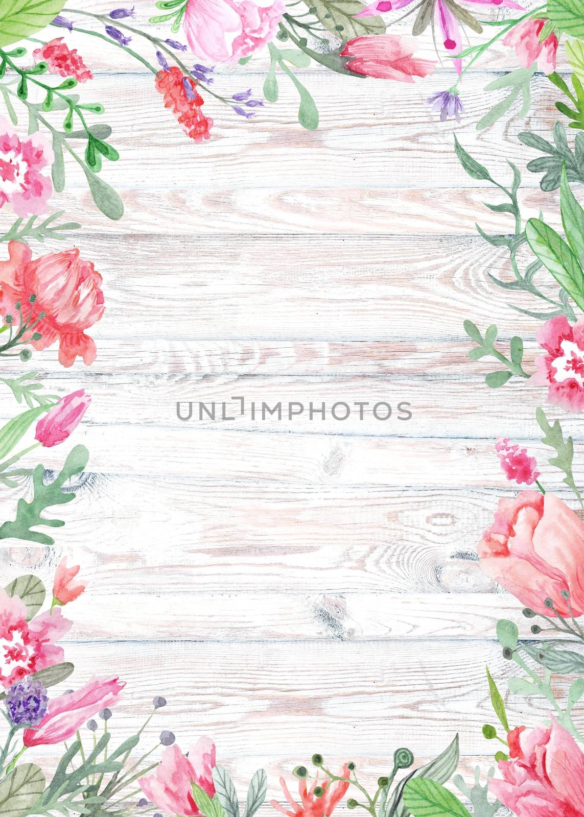 Shabby chic vintage card template for wedding, summer event invitation, menu, table card with meadow flowers and herbs