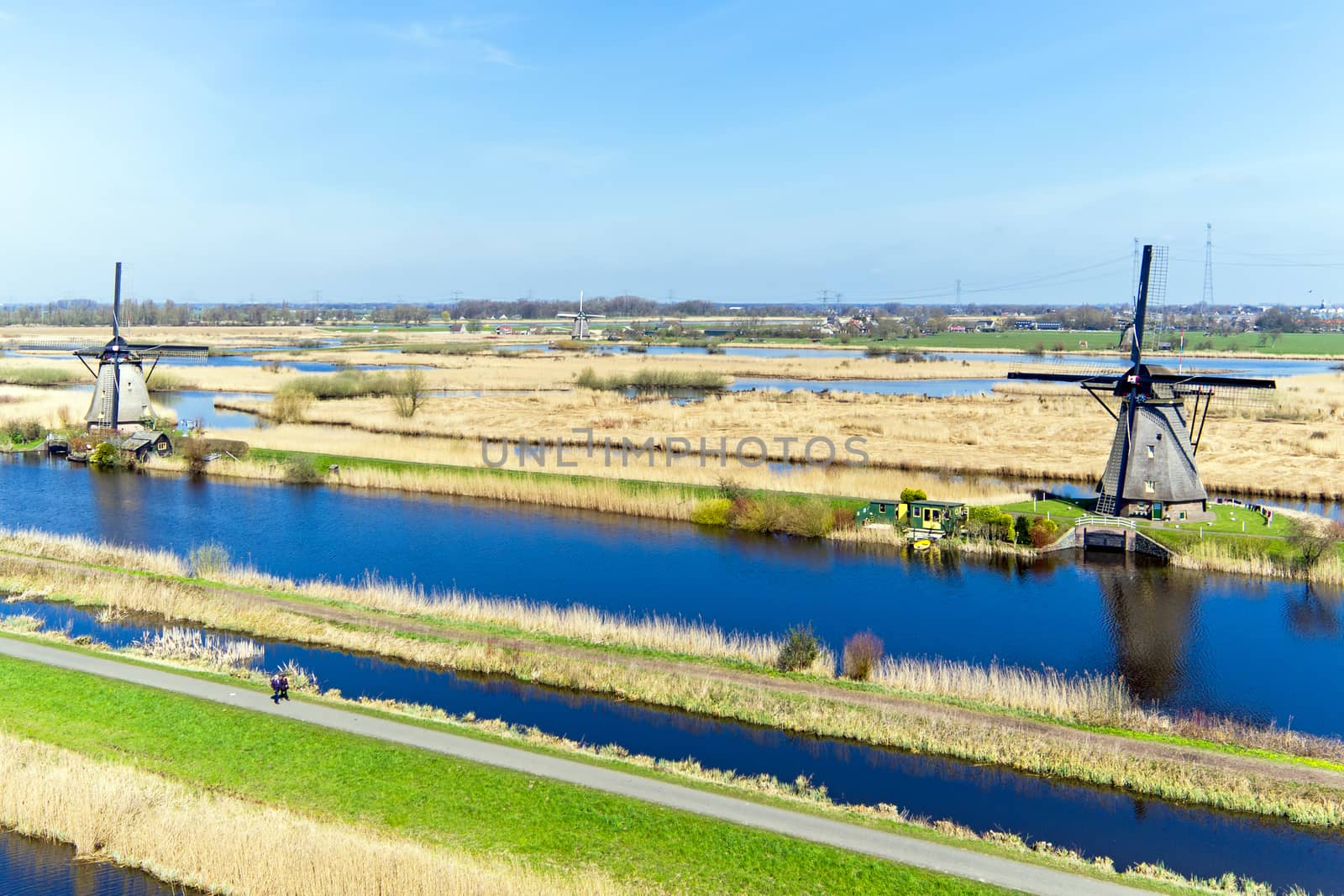 Aerial from traditional windmills at Kinderdijk in the Netherlands