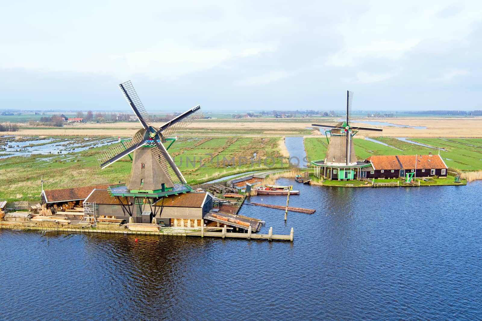 Aerial from traditional windmills at Zaanse Schans in the Netherlands