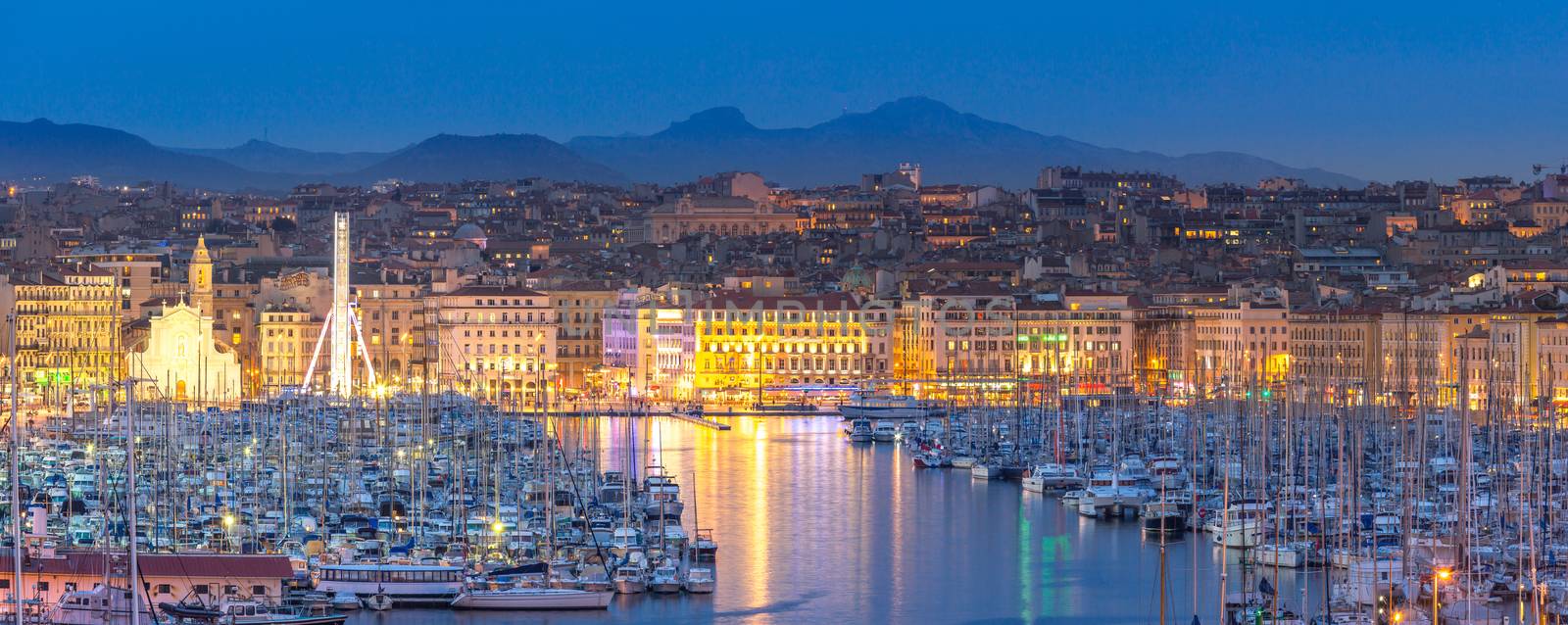 Marseille vieux port, France at night.