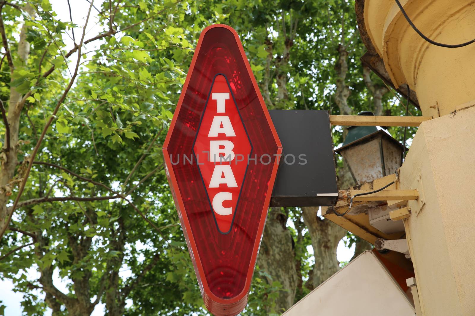 French Red And White Sign Tabac. In France "Tabac" means Tobacco