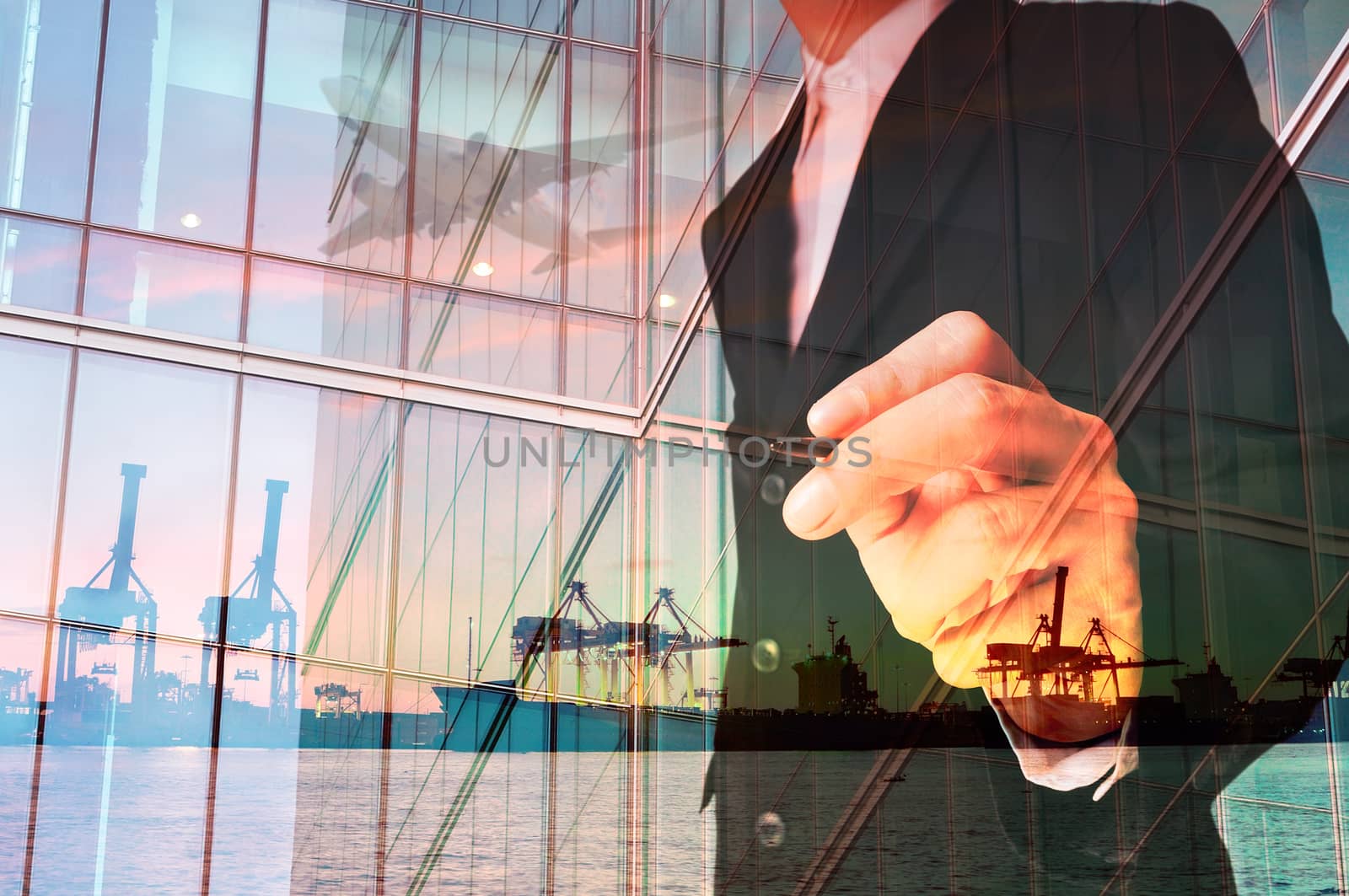 Double Exposure of Businessman writing and Port Cargo and Airplane as International Transportation Business concept