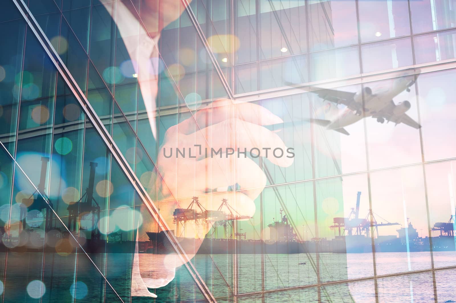 Double Exposure of Businessman writing and Port Cargo and Airplane as International Transportation Business concept